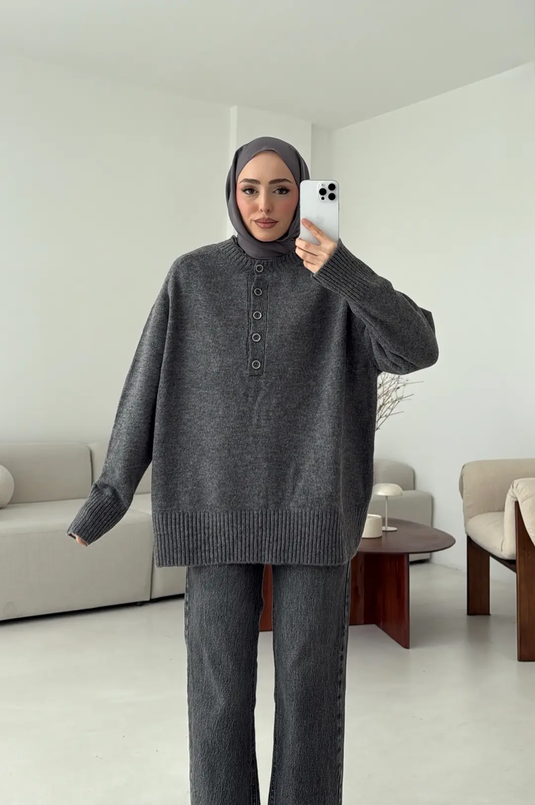 Yarım Düğmeli Triko Kazak Gri - Görsel 7