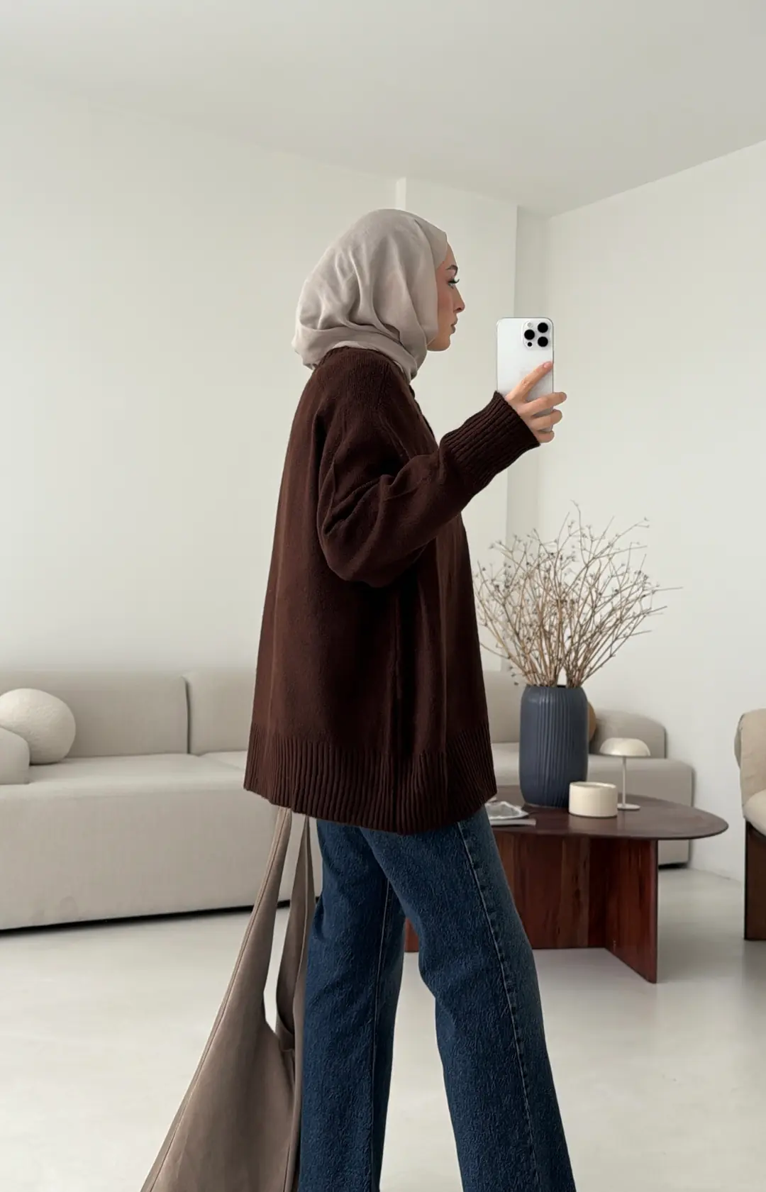 Yarım Düğmeli Triko Kazak Kahve - Görsel 2