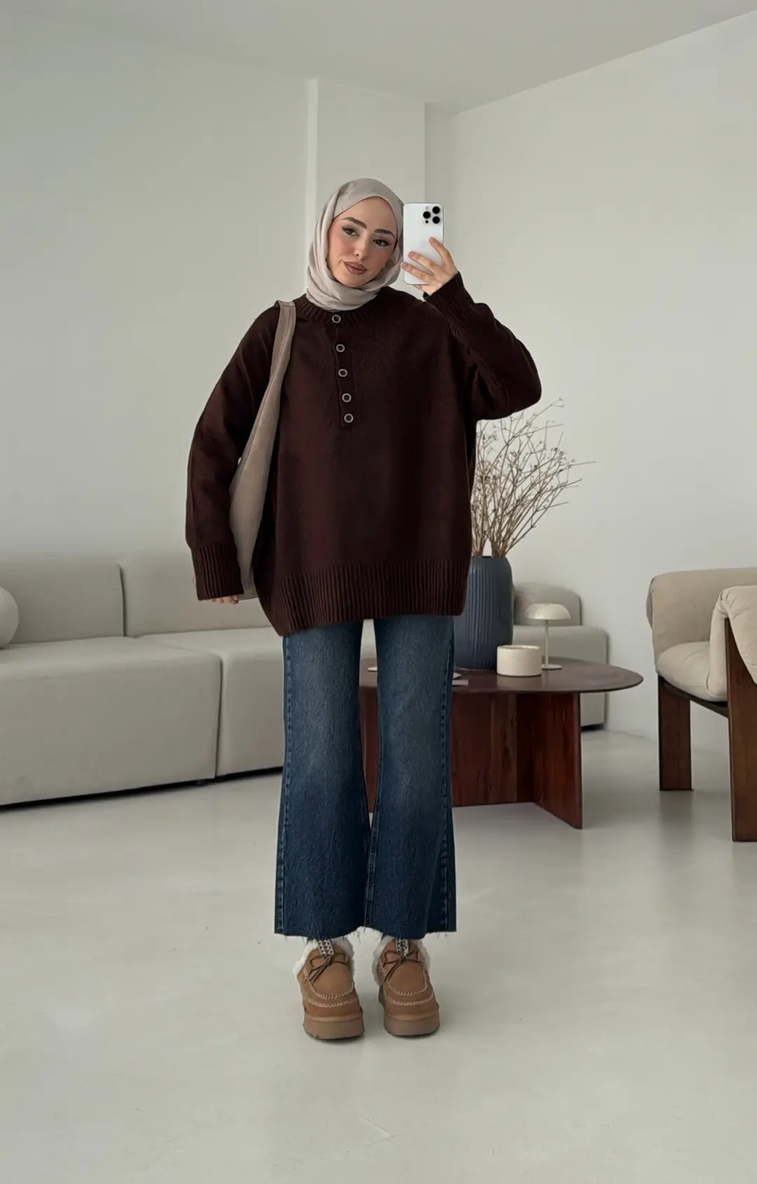Yarım Düğmeli Triko Kazak Kahve - Görsel 3