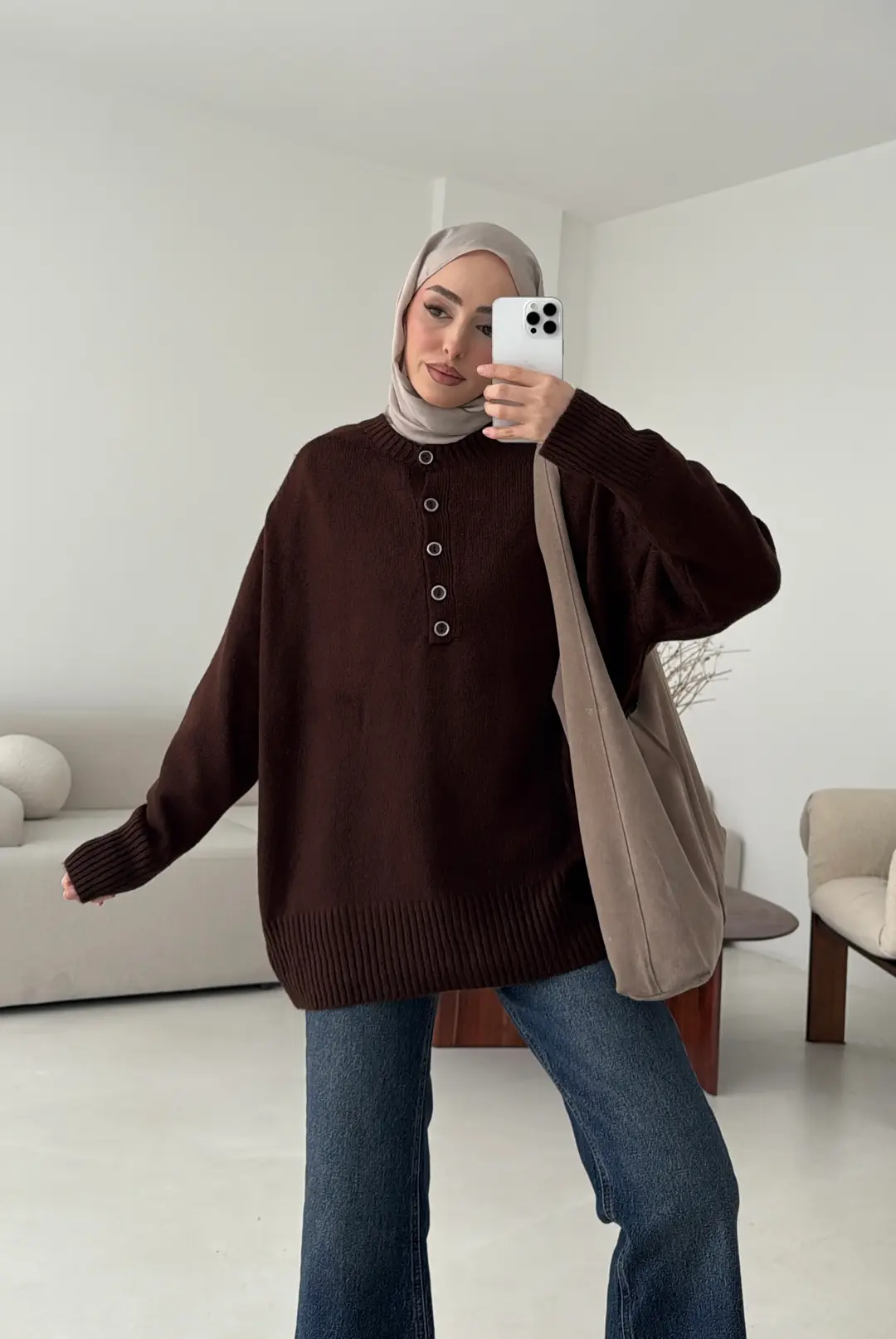 Yarım Düğmeli Triko Kazak Kahve - Görsel 4