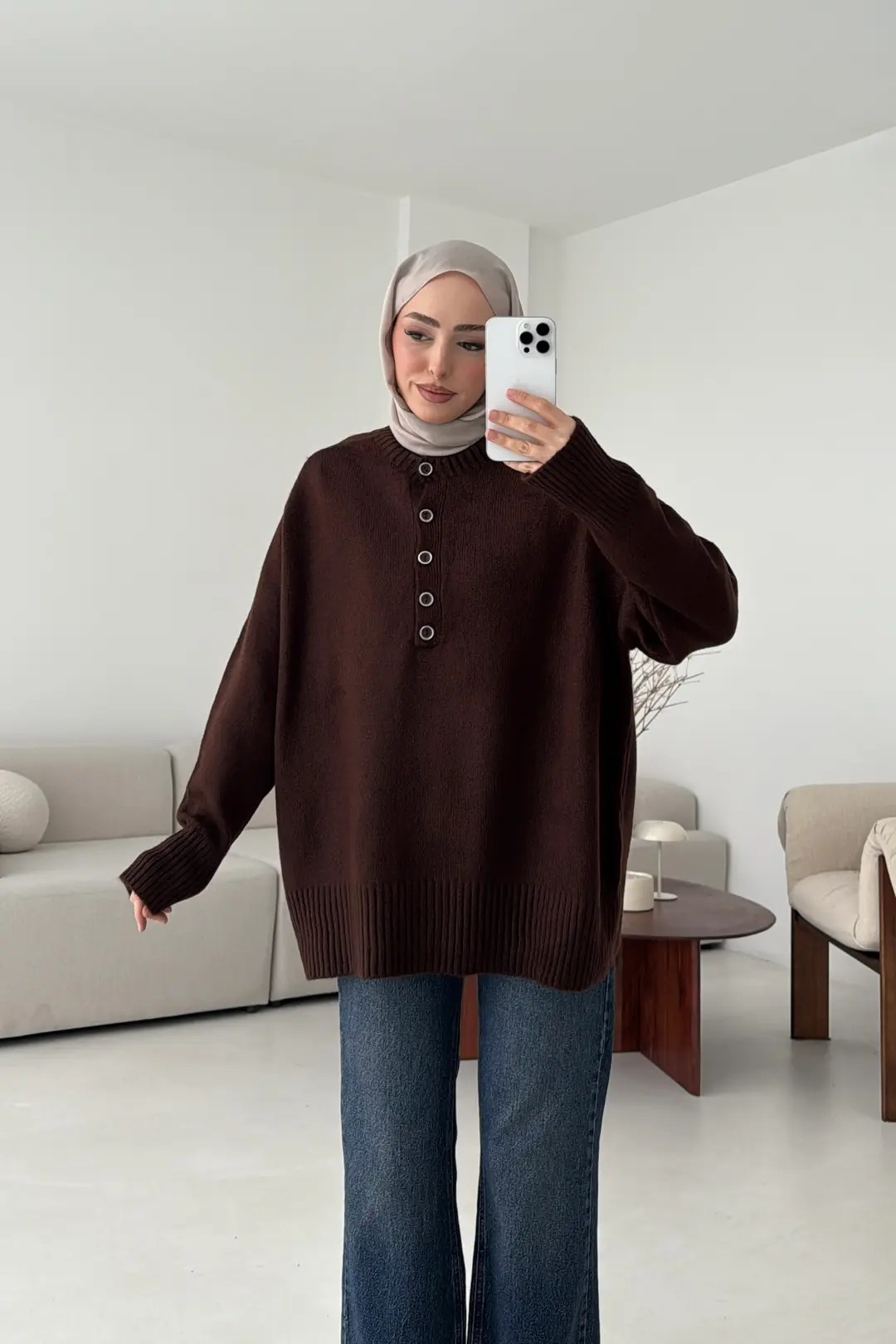 Yarım Düğmeli Triko Kazak Kahve - Görsel 5