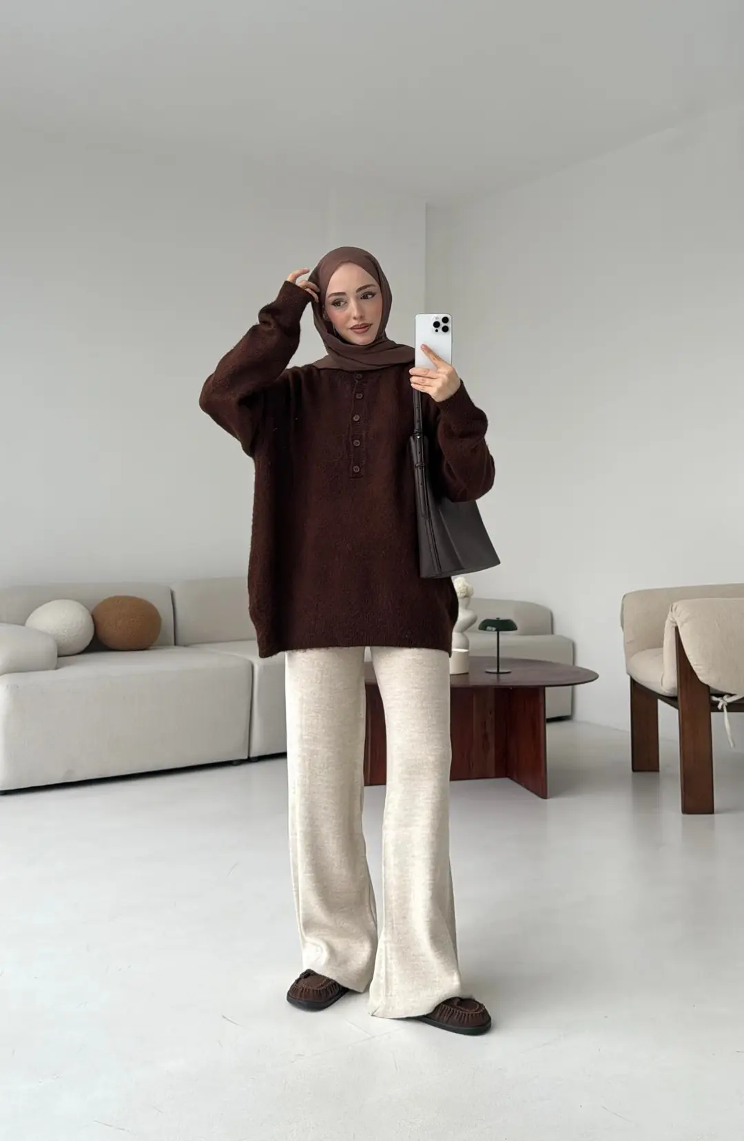 Yarım Dügmeli Triko Kazak Kahve - Görsel 2