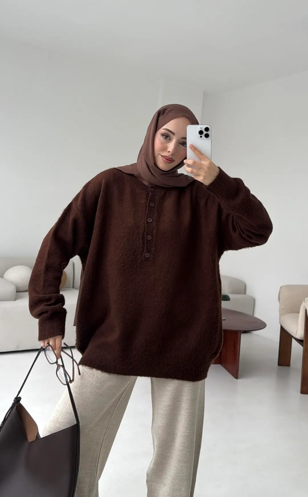 Yarım Dügmeli Triko Kazak Kahve - Görsel 4