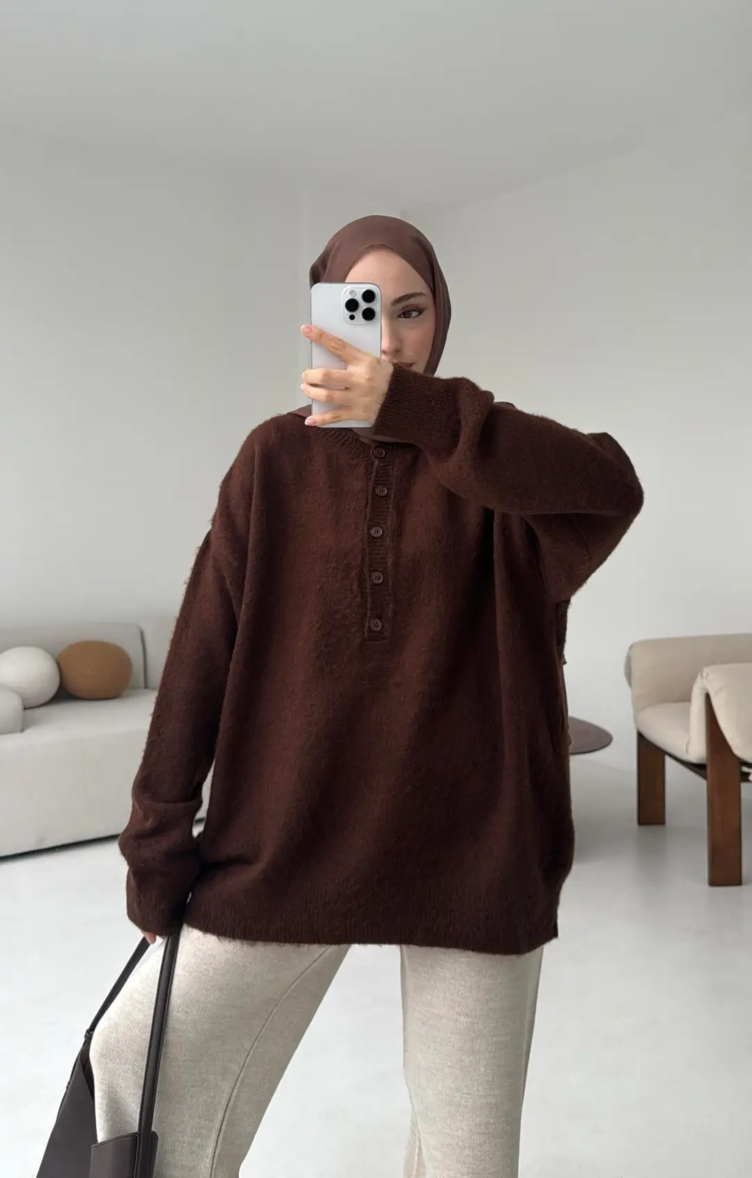 Yarım Dügmeli Triko Kazak Kahve - Görsel 5