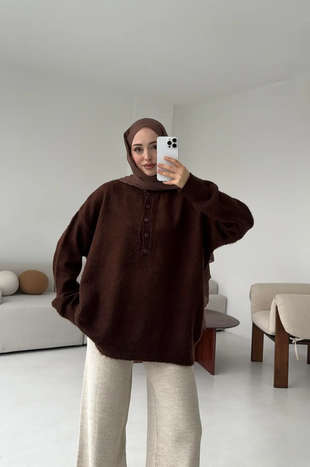 Yarım Dügmeli Triko Kazak Kahve - Görsel 6