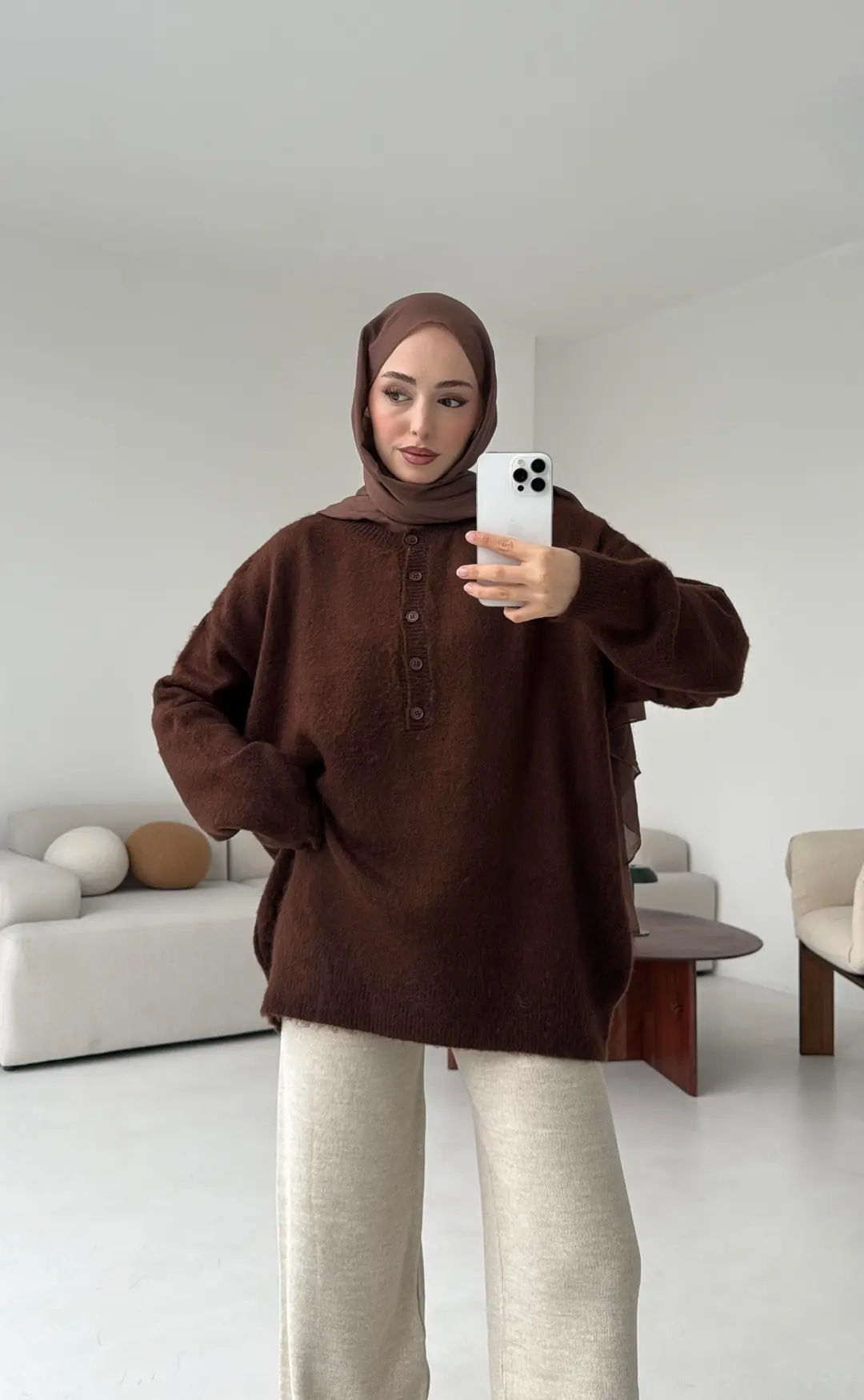 Yarım Dügmeli Triko Kazak Kahve - Görsel 7