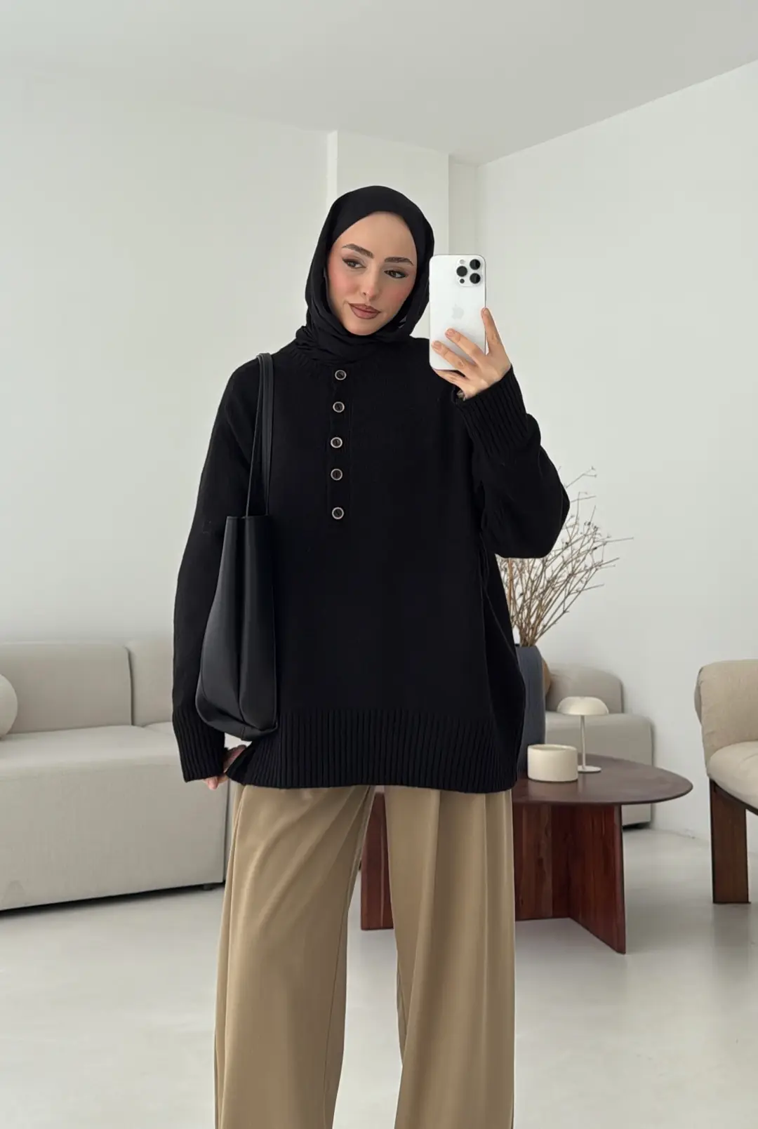 Yarım Düğmeli Triko Kazak Siyah