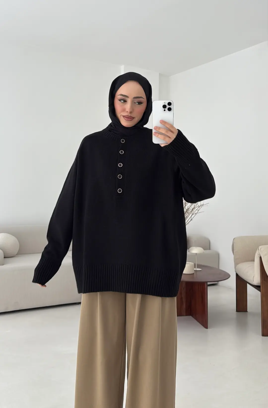 Yarım Düğmeli Triko Kazak Siyah - Görsel 4