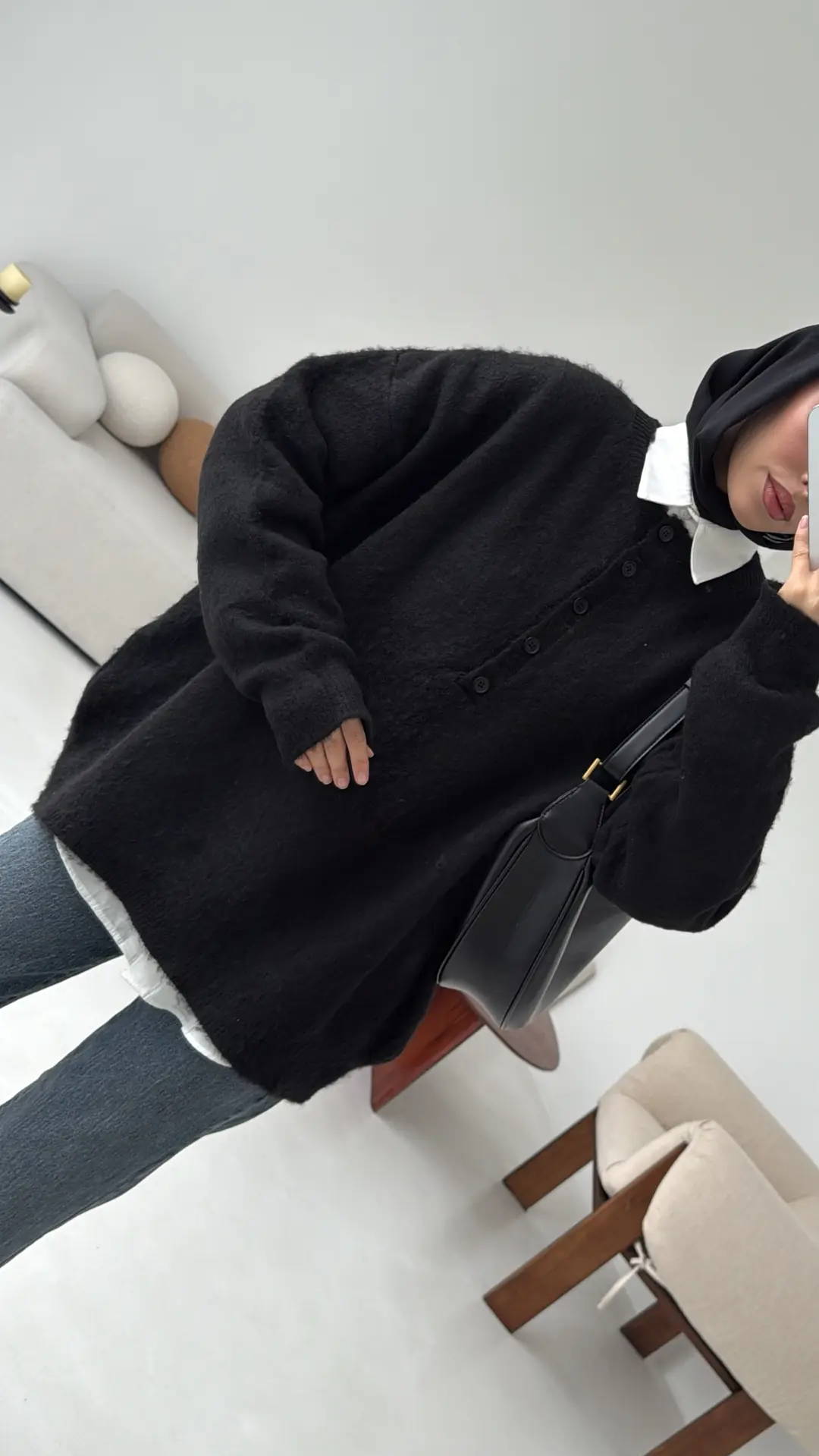 Yarım Dügmeli Triko Kazak Siyah - Görsel 2