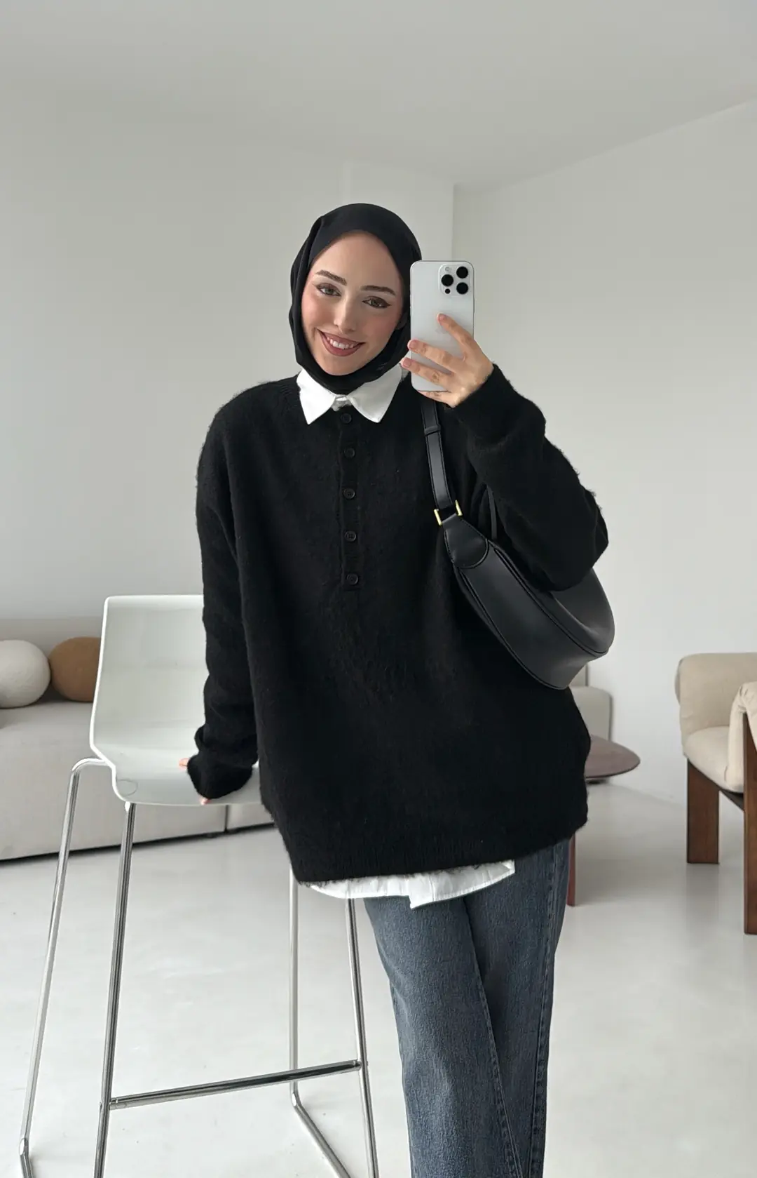 Yarım Dügmeli Triko Kazak Siyah - Görsel 4