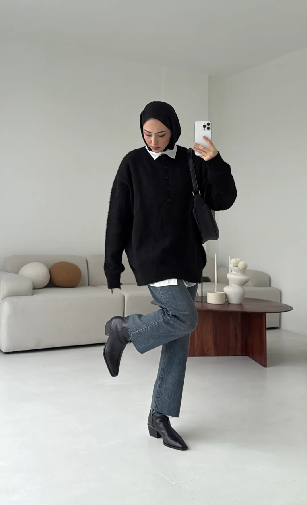 Yarım Dügmeli Triko Kazak Siyah - Görsel 5