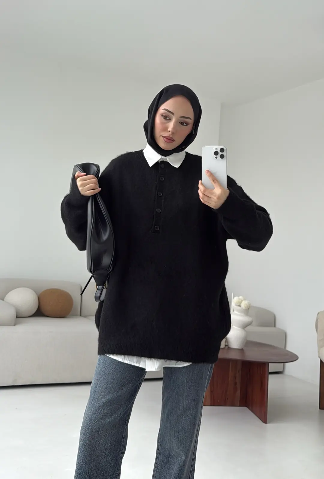 Yarım Dügmeli Triko Kazak Siyah - Görsel 6