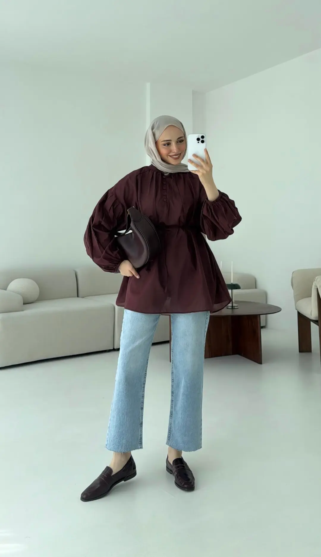 Yarım Dügmeli Vual Gömlek Bordo - Görsel 2