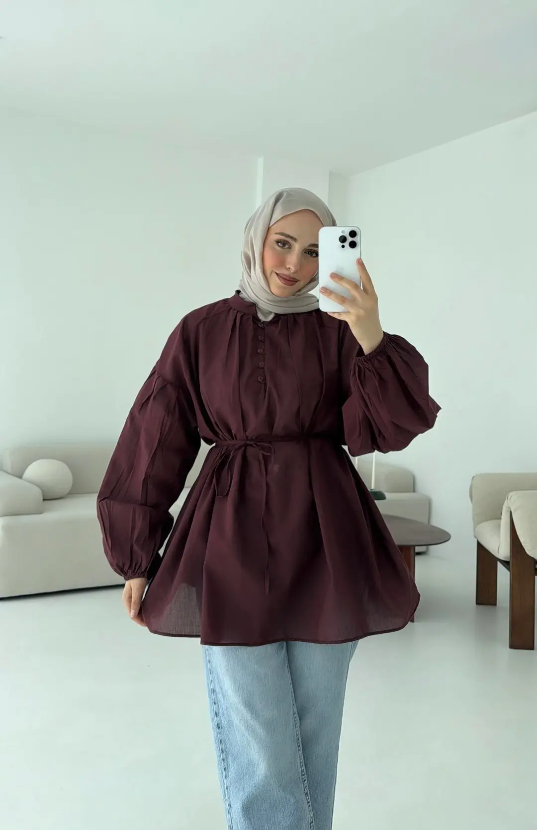 Yarım Dügmeli Vual Gömlek Bordo - Görsel 4