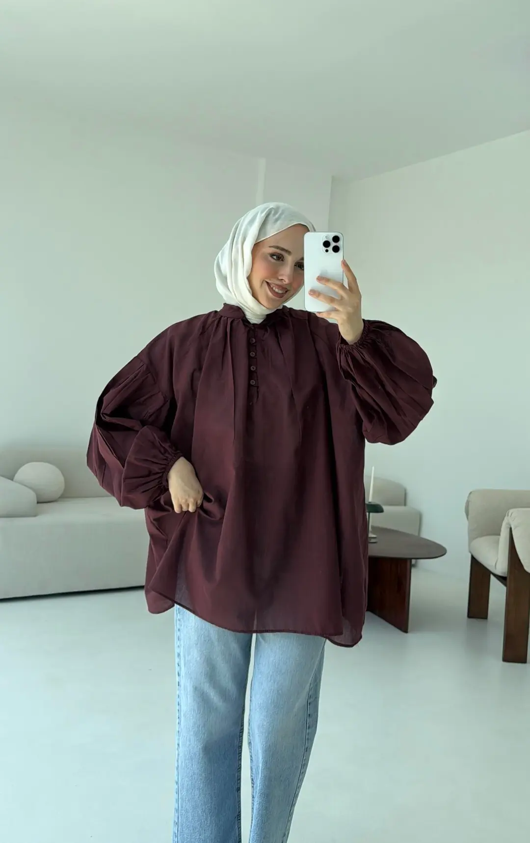 Yarım Dügmeli Vual Gömlek Bordo - Görsel 5