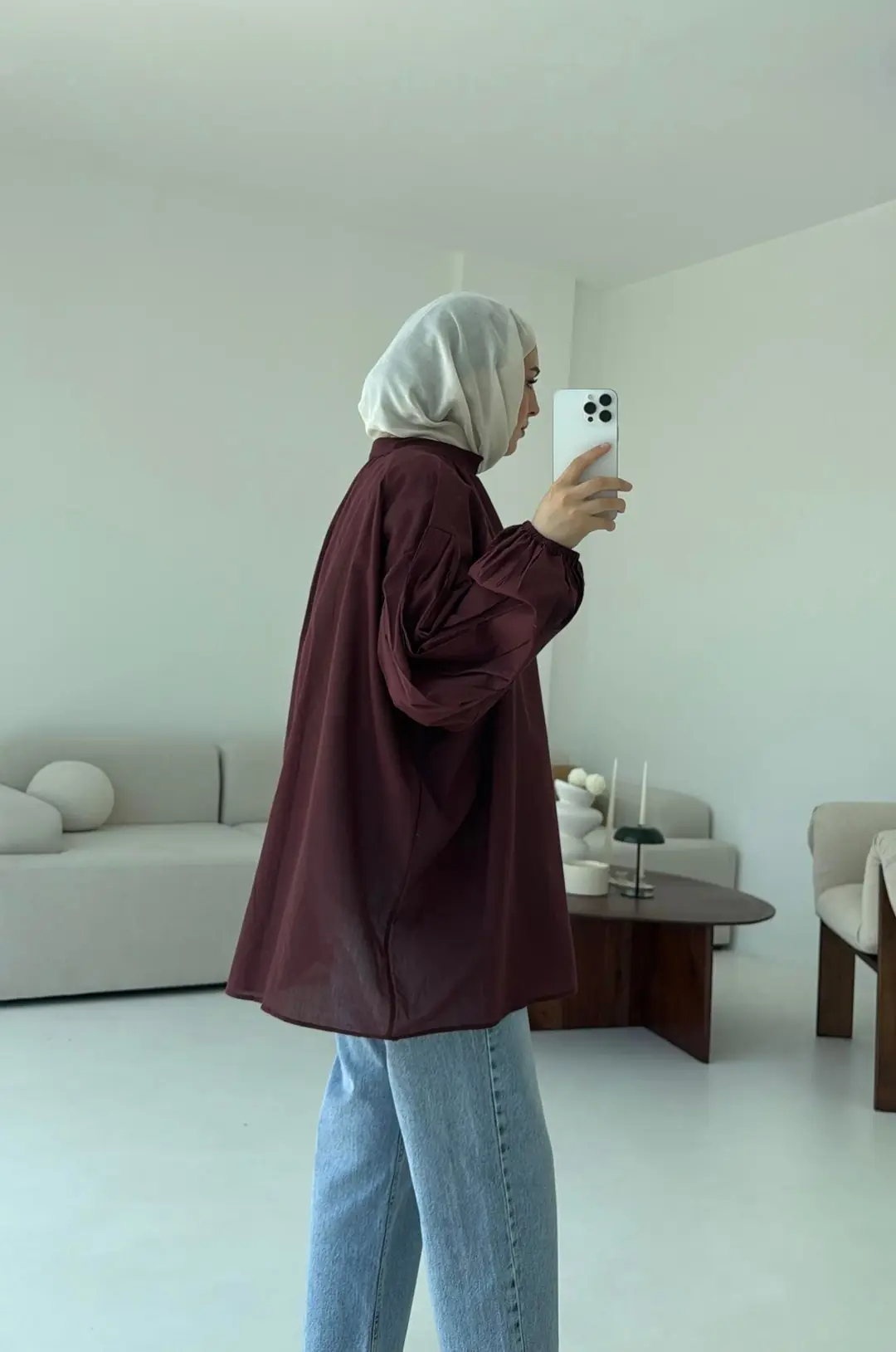 Yarım Dügmeli Vual Gömlek Bordo - Görsel 6