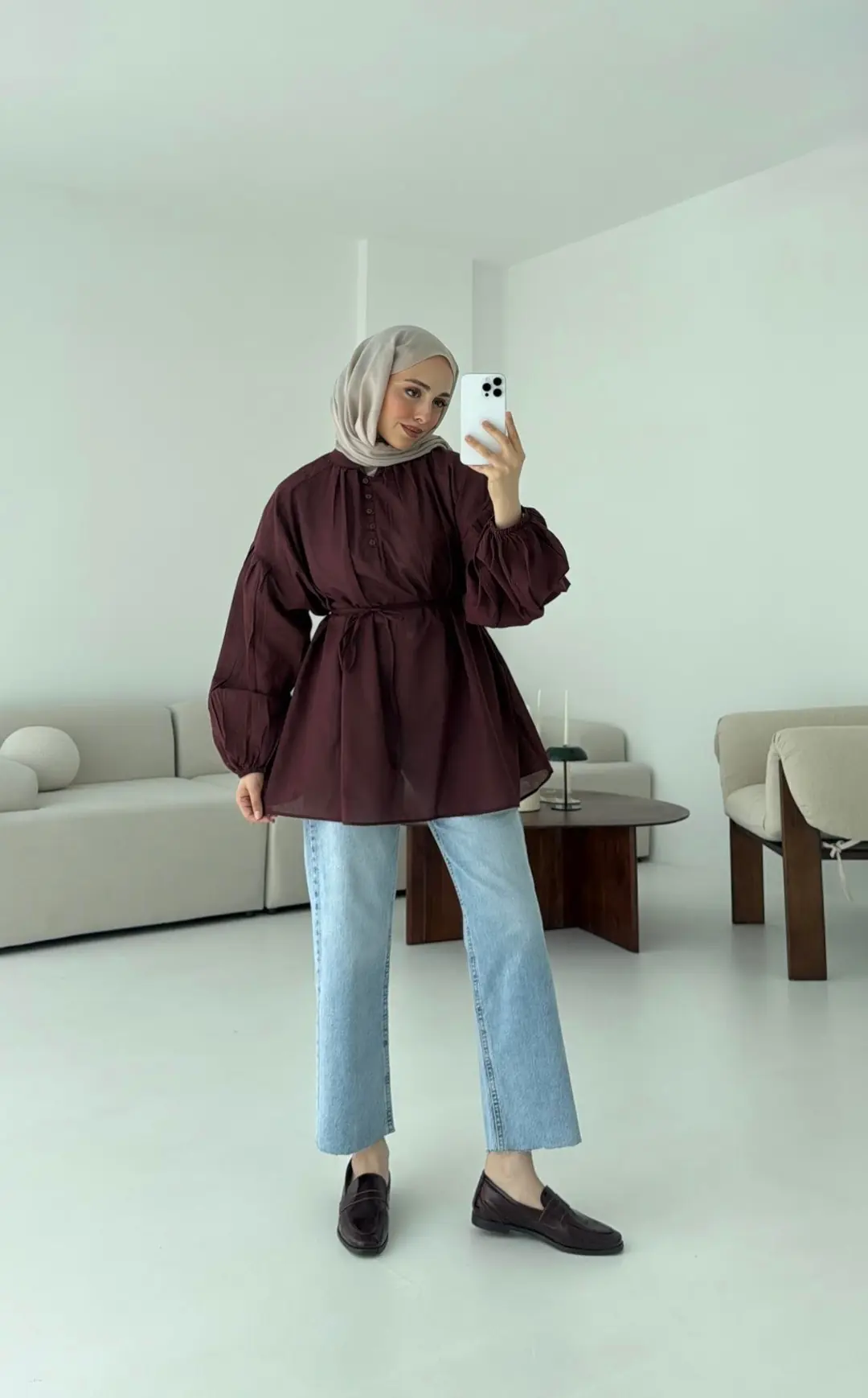 Yarım Dügmeli Vual Gömlek Bordo - Görsel 7