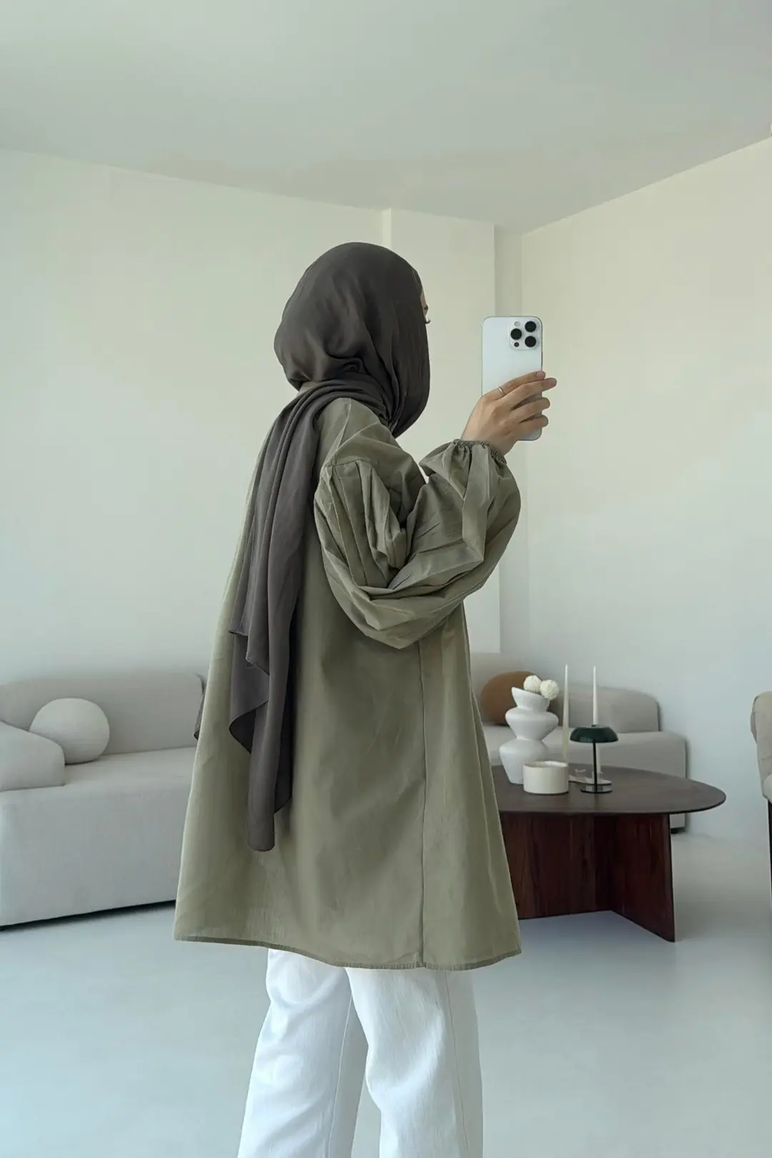 Yarım Dügmeli Vual Gömlek Haki - Görsel 4