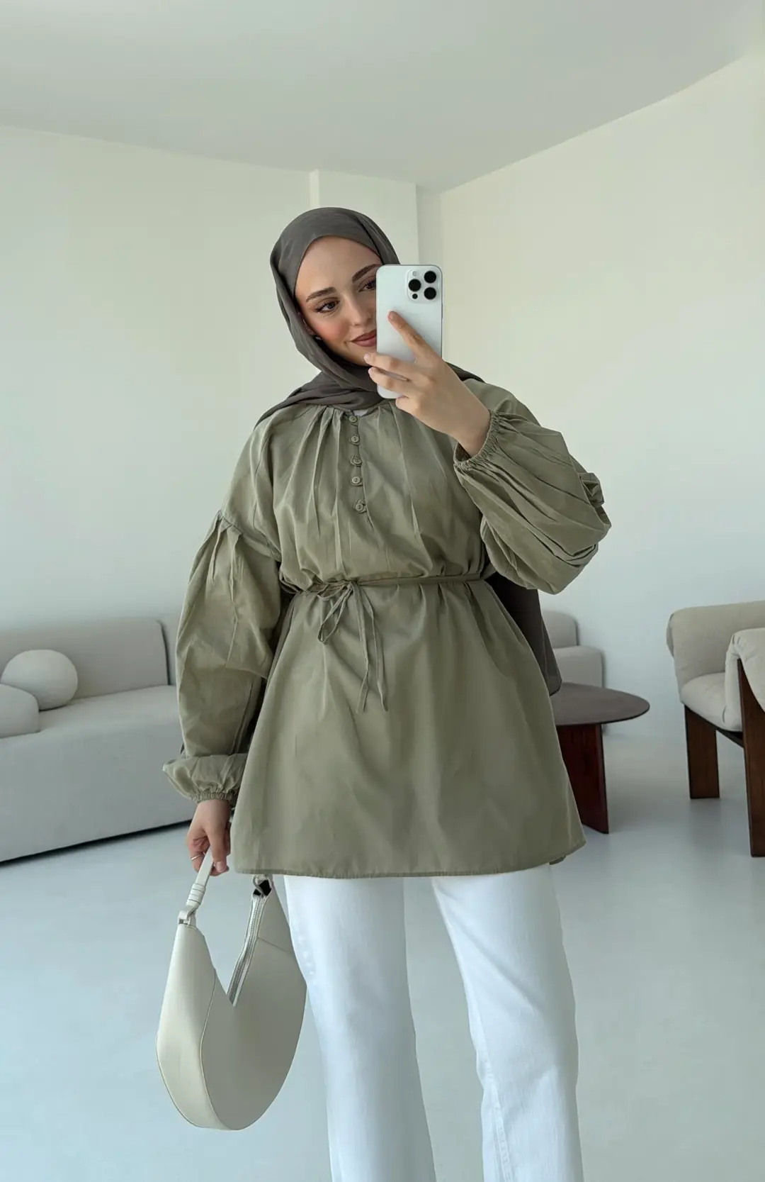 Yarım Dügmeli Vual Gömlek Haki - Görsel 7