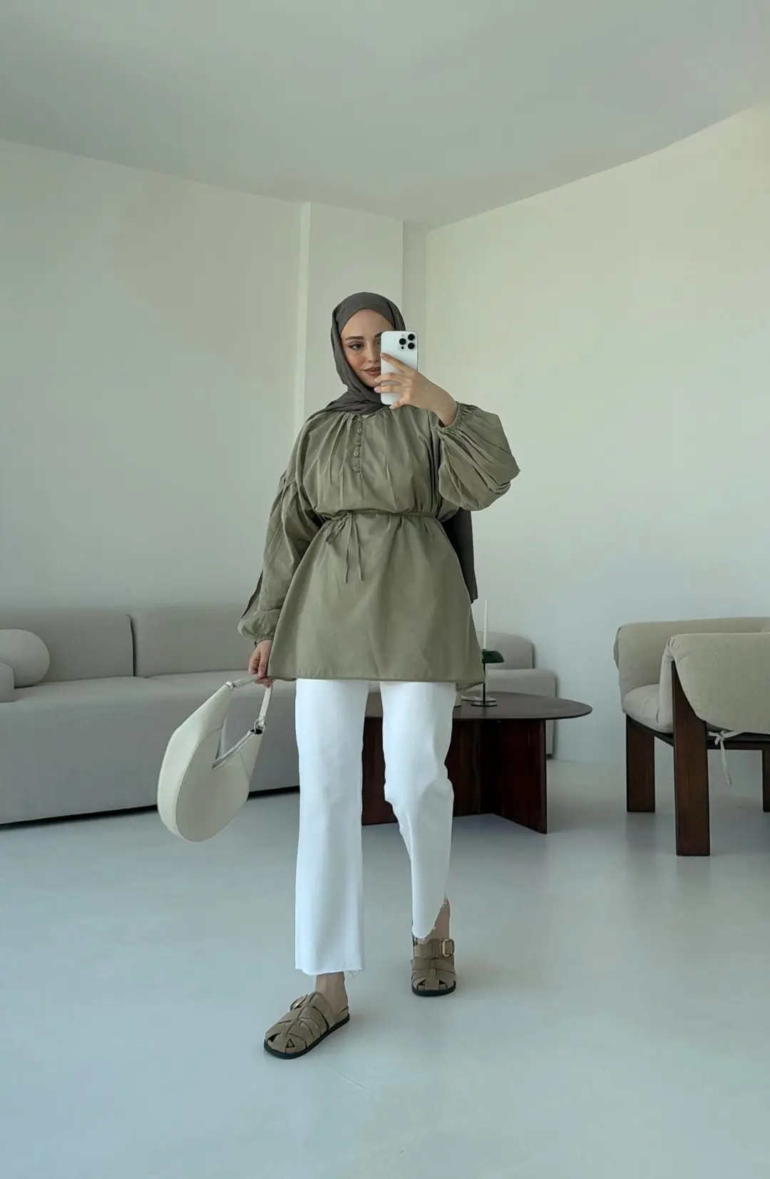 Yarım Dügmeli Vual Gömlek Haki - Görsel 8