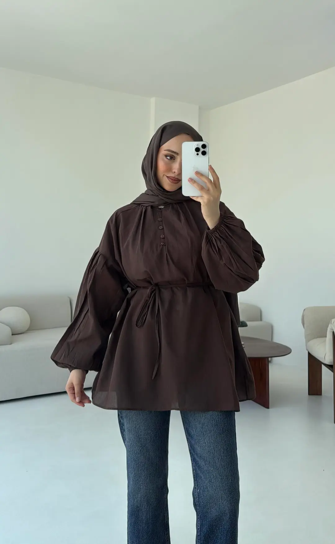 Yarım Dügmeli Vual Gömlek Kahve - Görsel 3