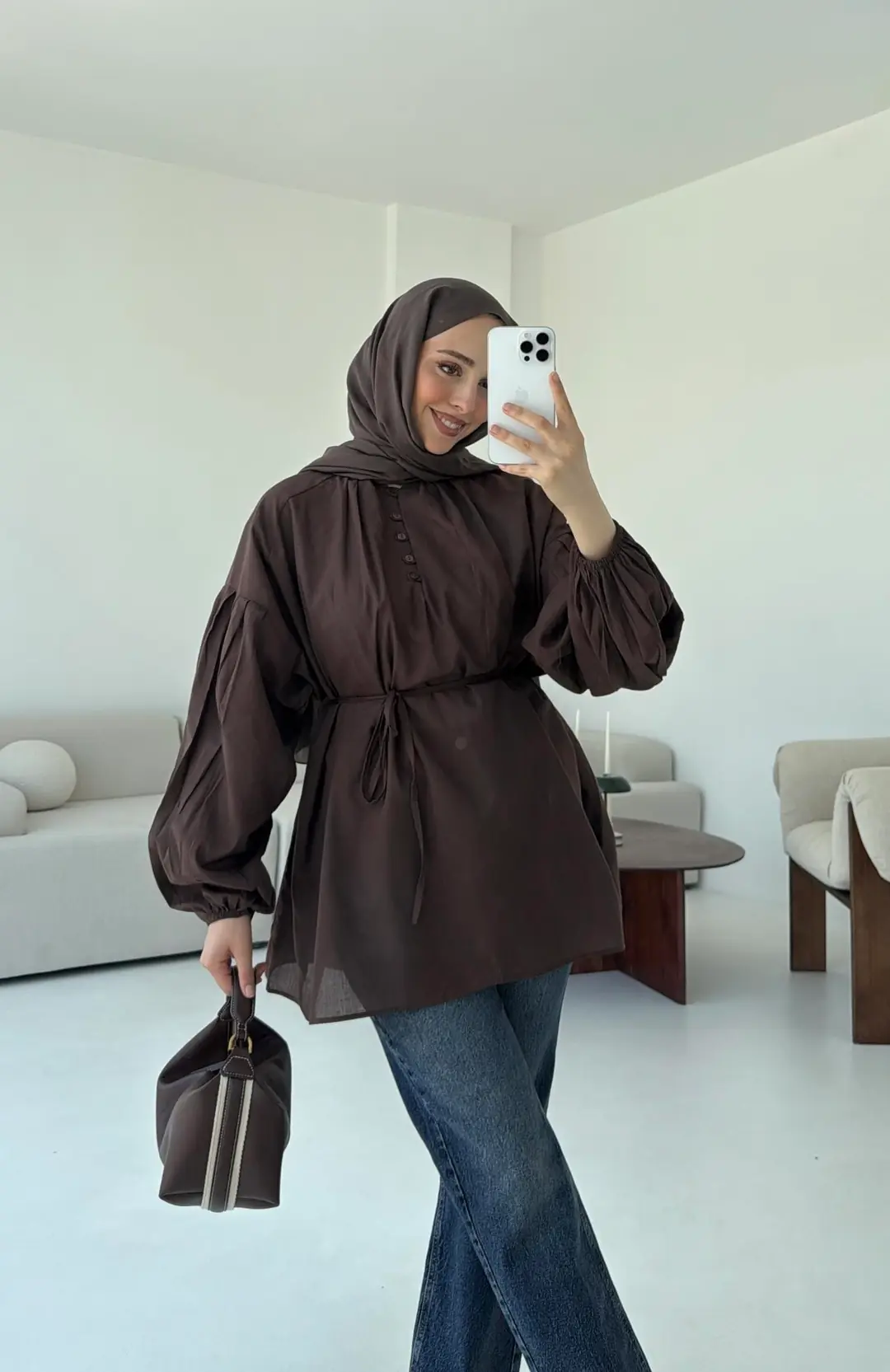 Yarım Dügmeli Vual Gömlek Kahve - Görsel 5