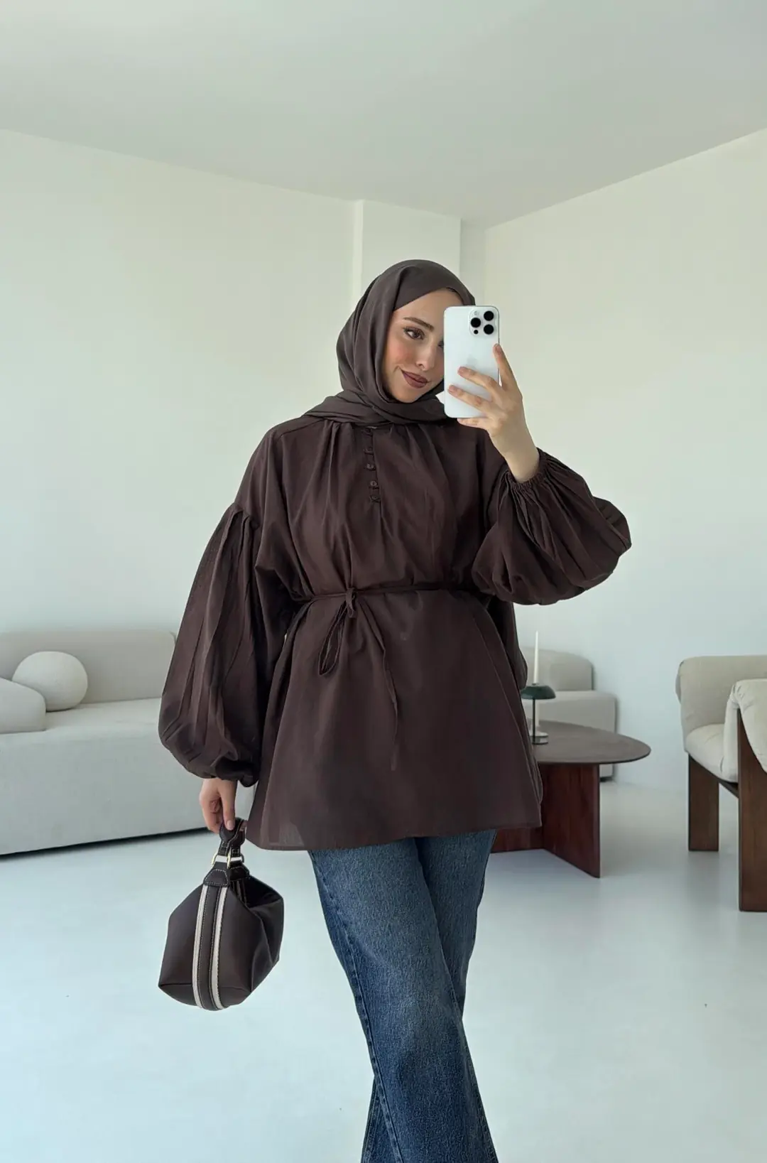 Yarım Dügmeli Vual Gömlek Kahve - Görsel 6