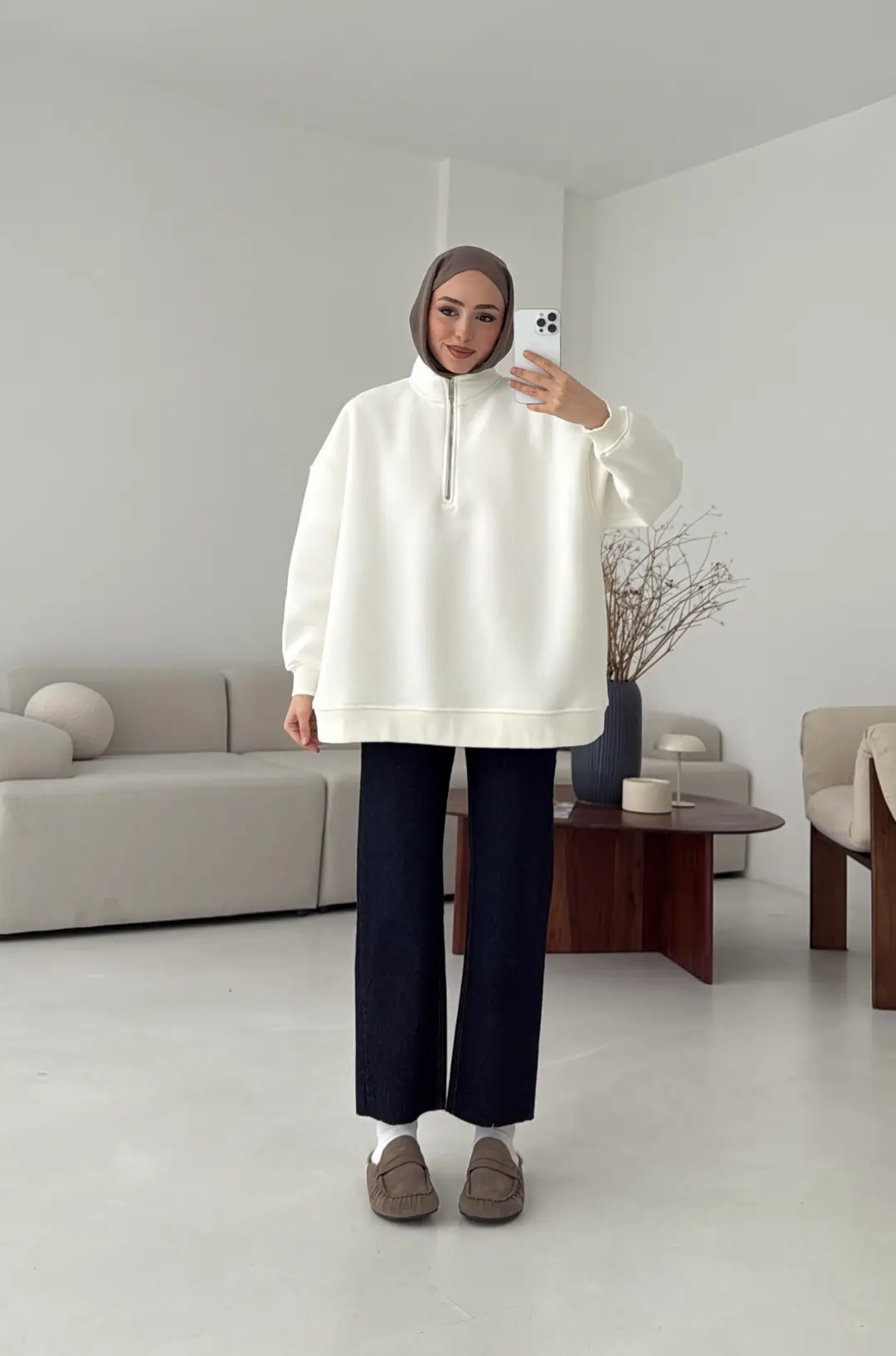 Yarım Fermuarlı Ekru Sweat - Görsel 3