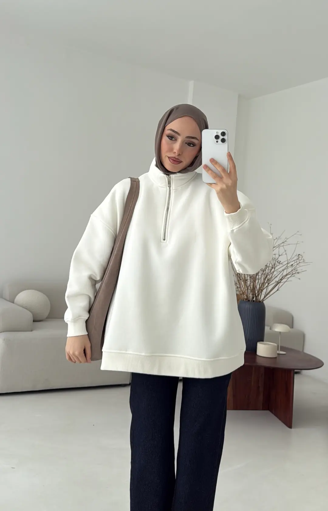 Yarım Fermuarlı Ekru Sweat - Görsel 4