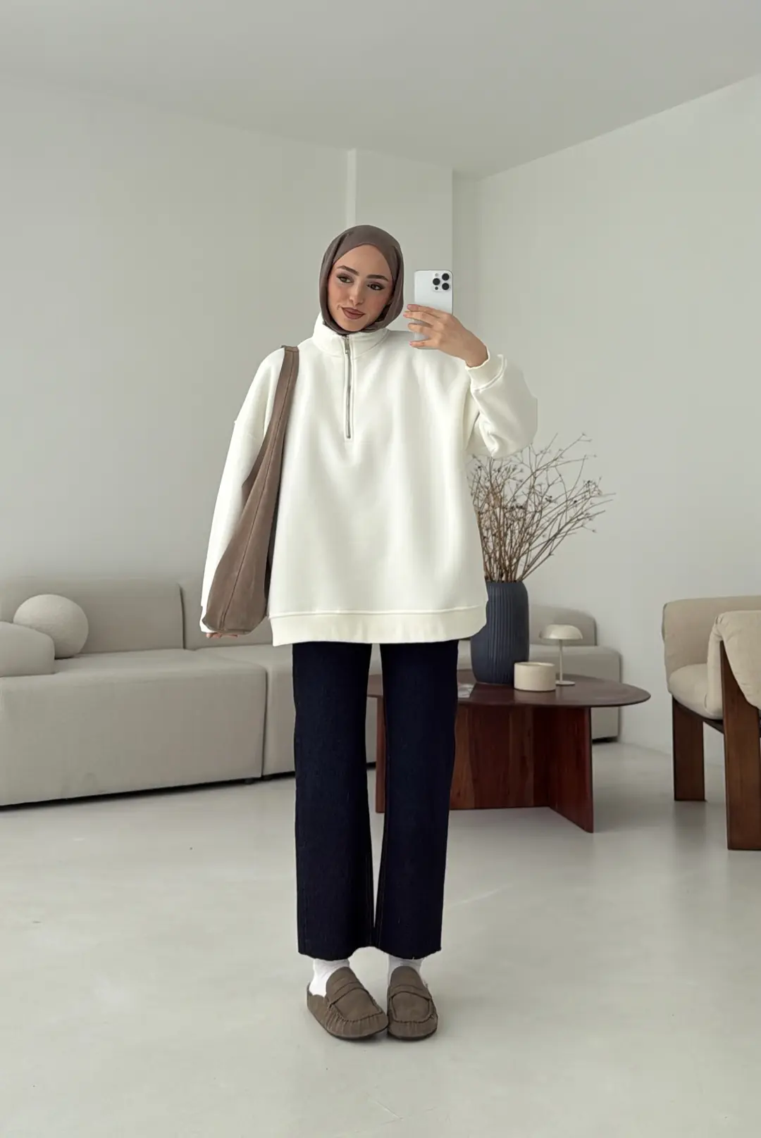 Yarım Fermuarlı Ekru Sweat - Görsel 8