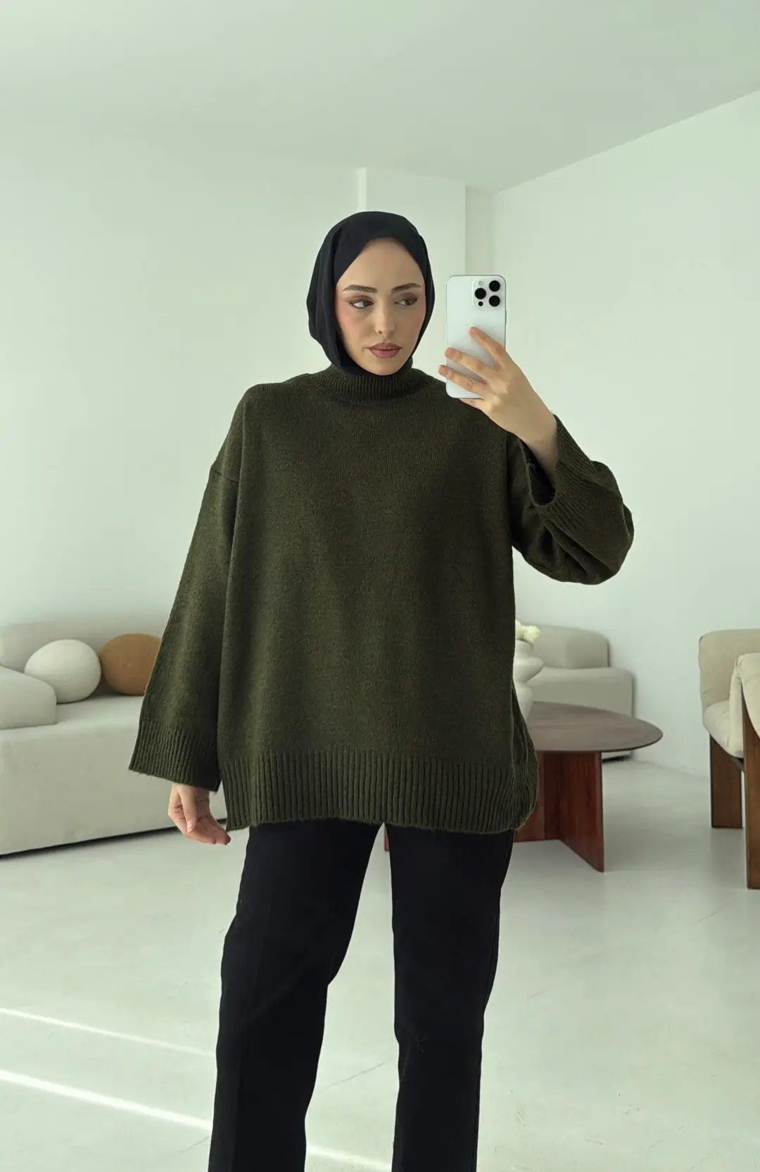 Yarım Yaka Triko Kazak Haki - Görsel 3