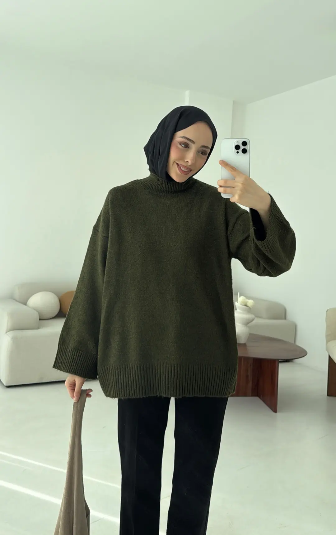 Yarım Yaka Triko Kazak Haki - Görsel 4