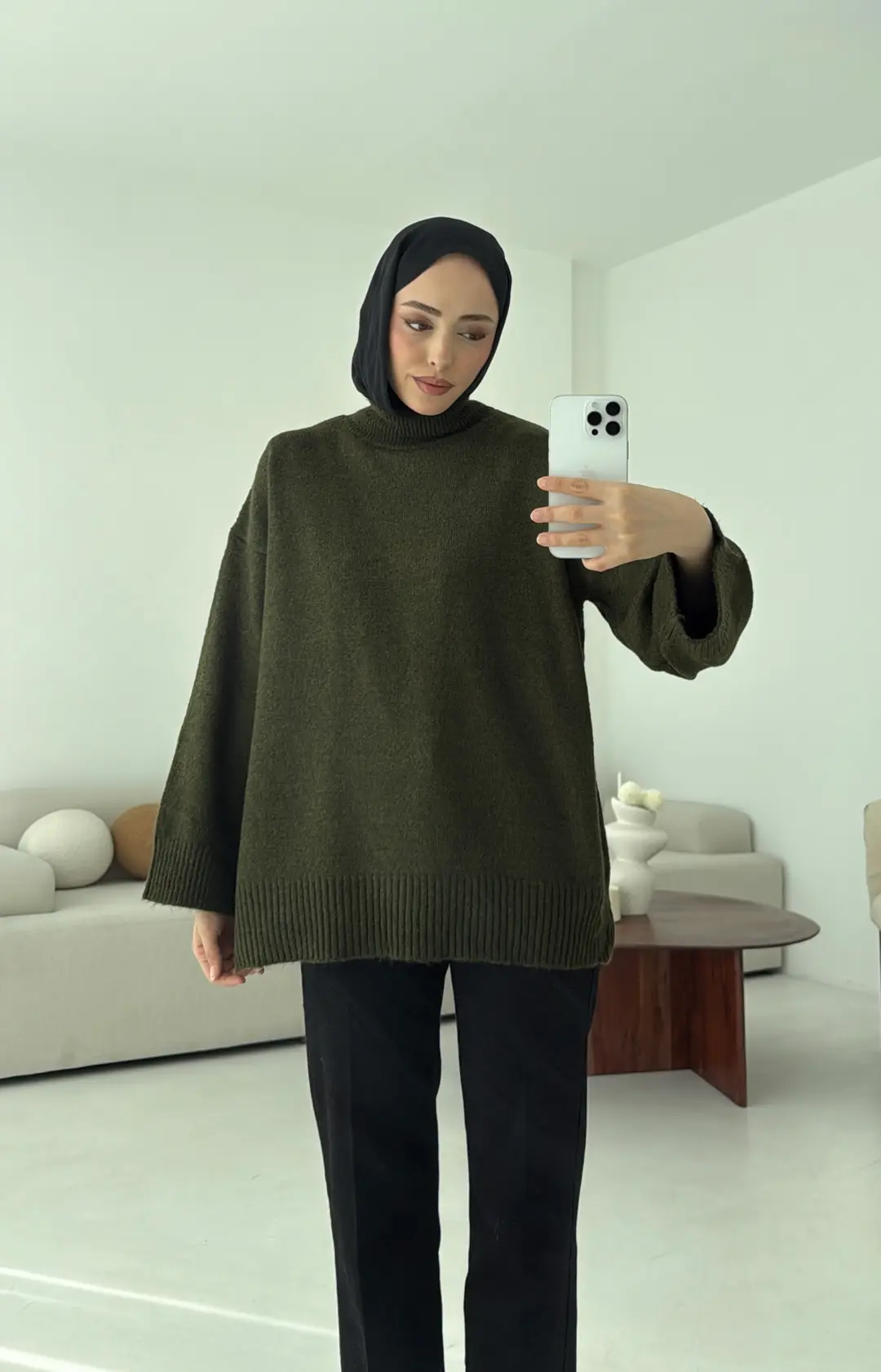 Yarım Yaka Triko Kazak Haki - Görsel 5