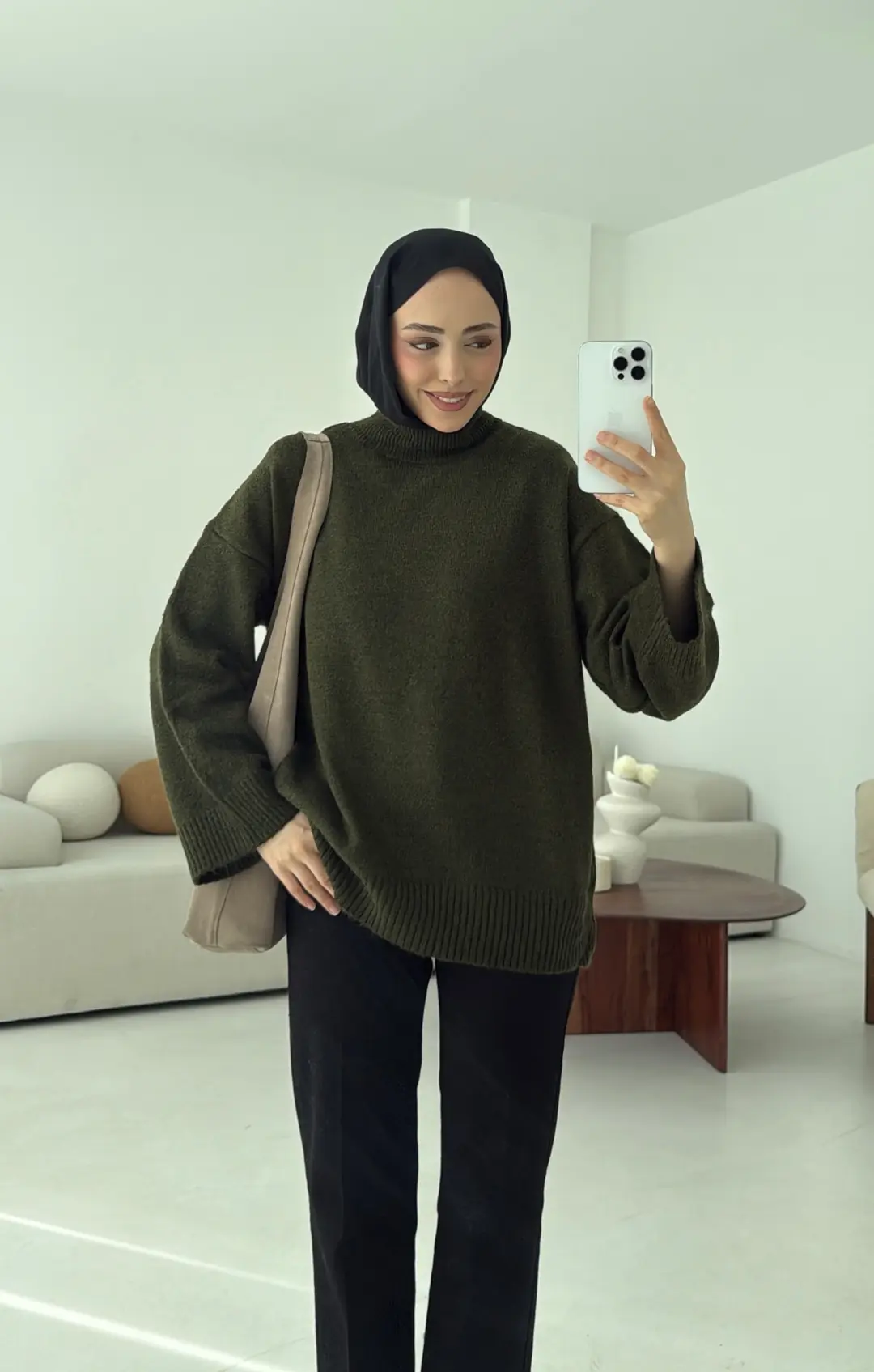 Yarım Yaka Triko Kazak Haki - Görsel 6