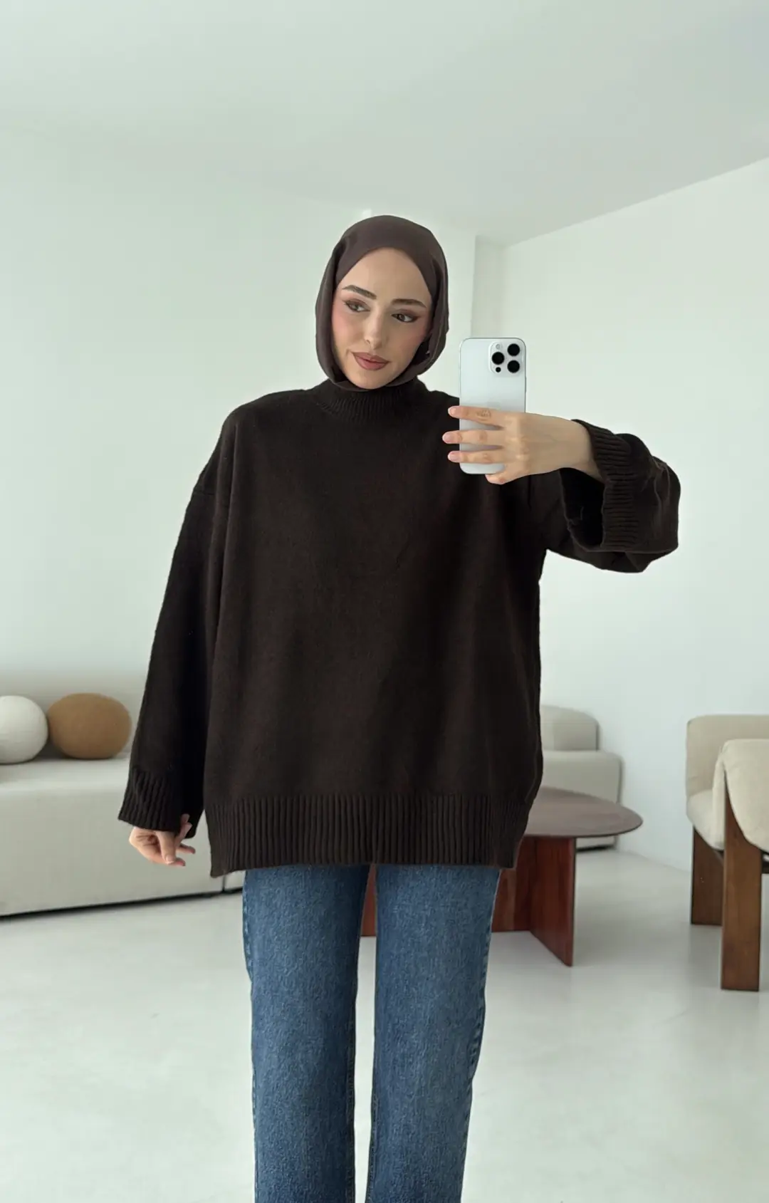 Yarım Yaka Triko Kazak Koyu Kahve - Görsel 4