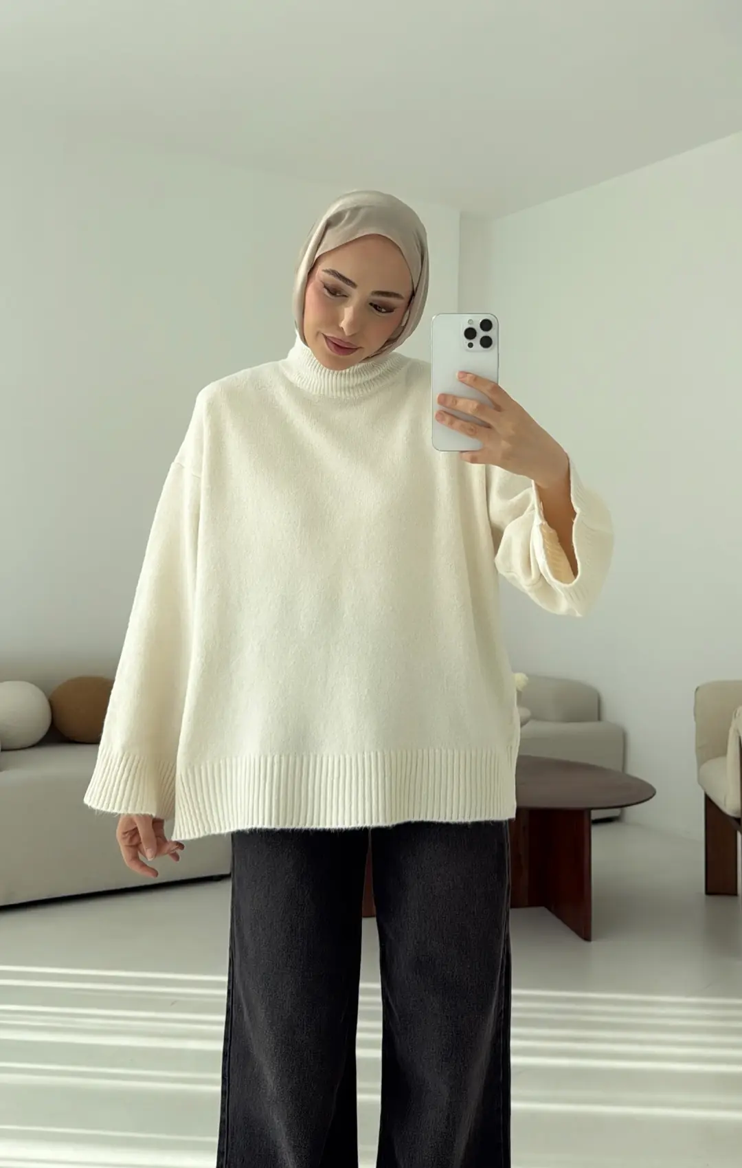 Yarım Yaka Triko Kazak Krem