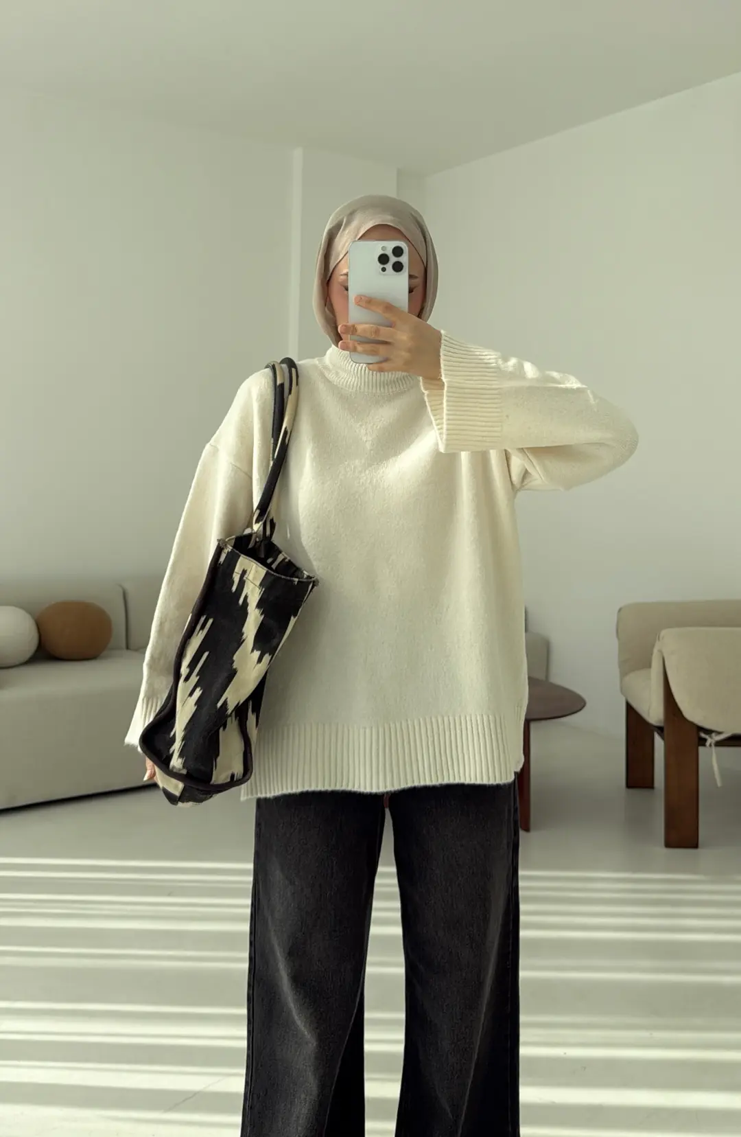 Yarım Yaka Triko Kazak Krem - Görsel 4