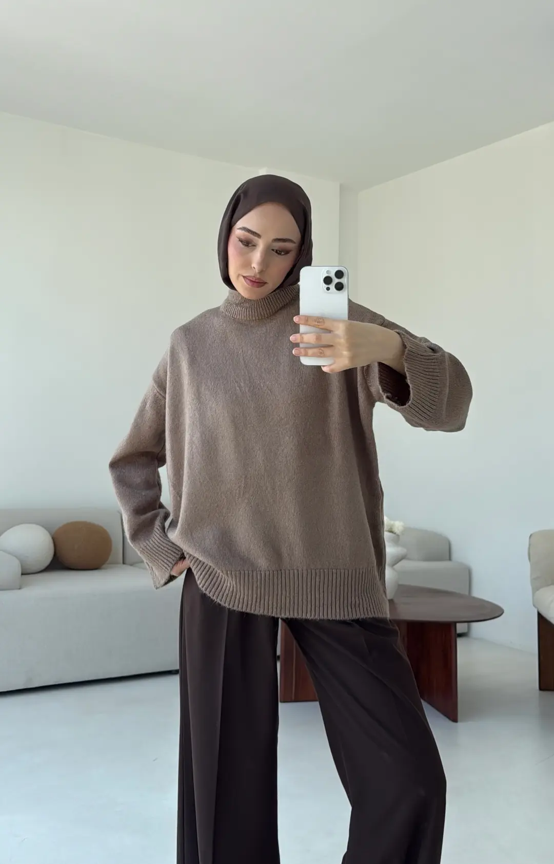 Yarım Yaka Triko Kazak Vizon - Görsel 2