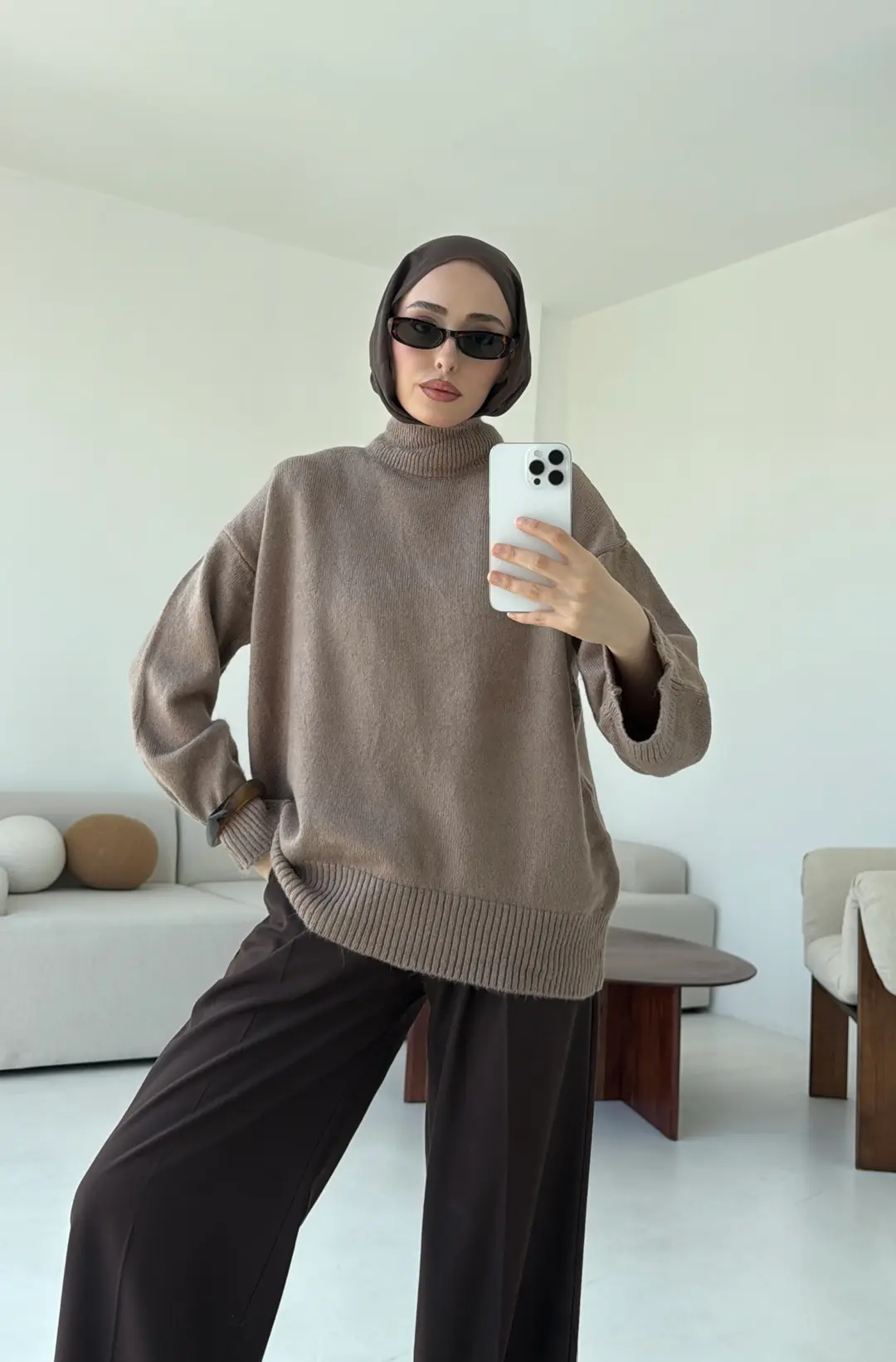 Yarım Yaka Triko Kazak Vizon - Görsel 5