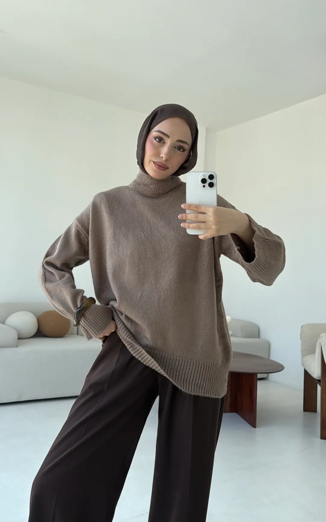 Yarım Yaka Triko Kazak Vizon - Görsel 9