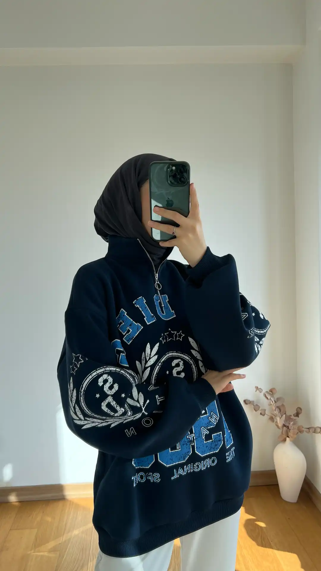 Yarım Zip Lacivert Oversize Şardonlu Sweatshirt - Görsel 4