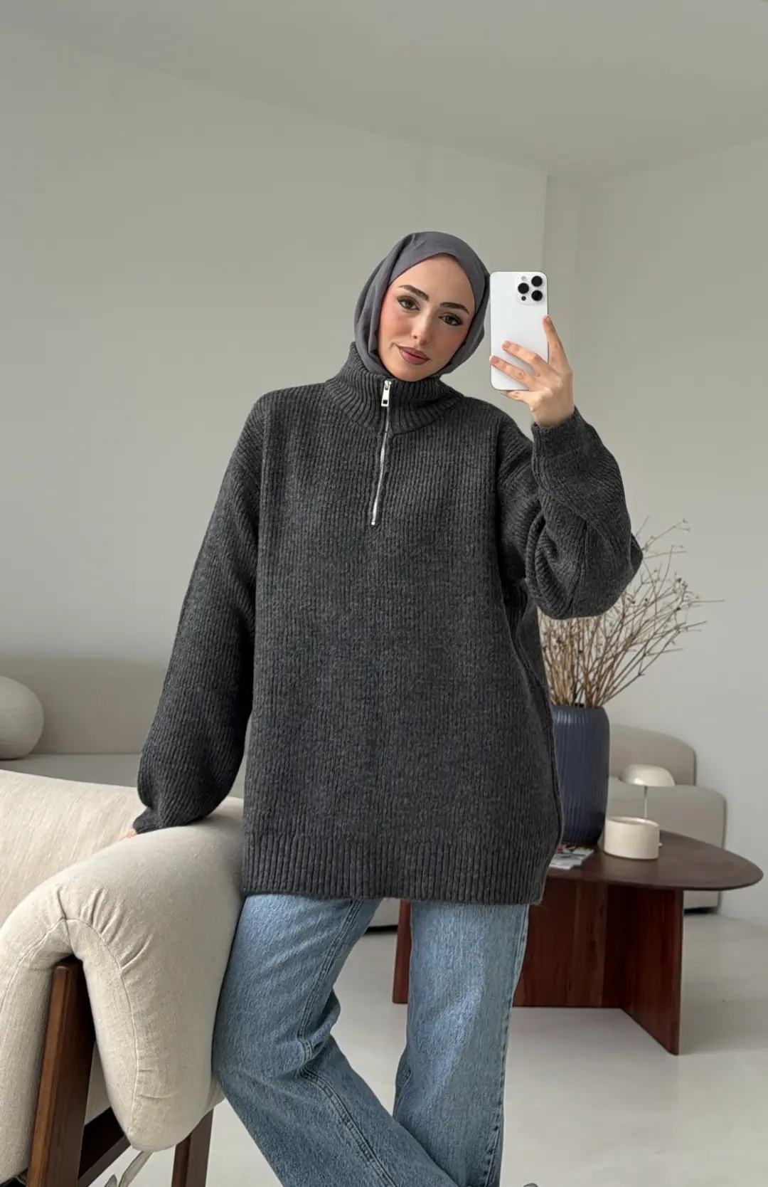 Yarım Zip Triko Kazak Antrasit - Görsel 4