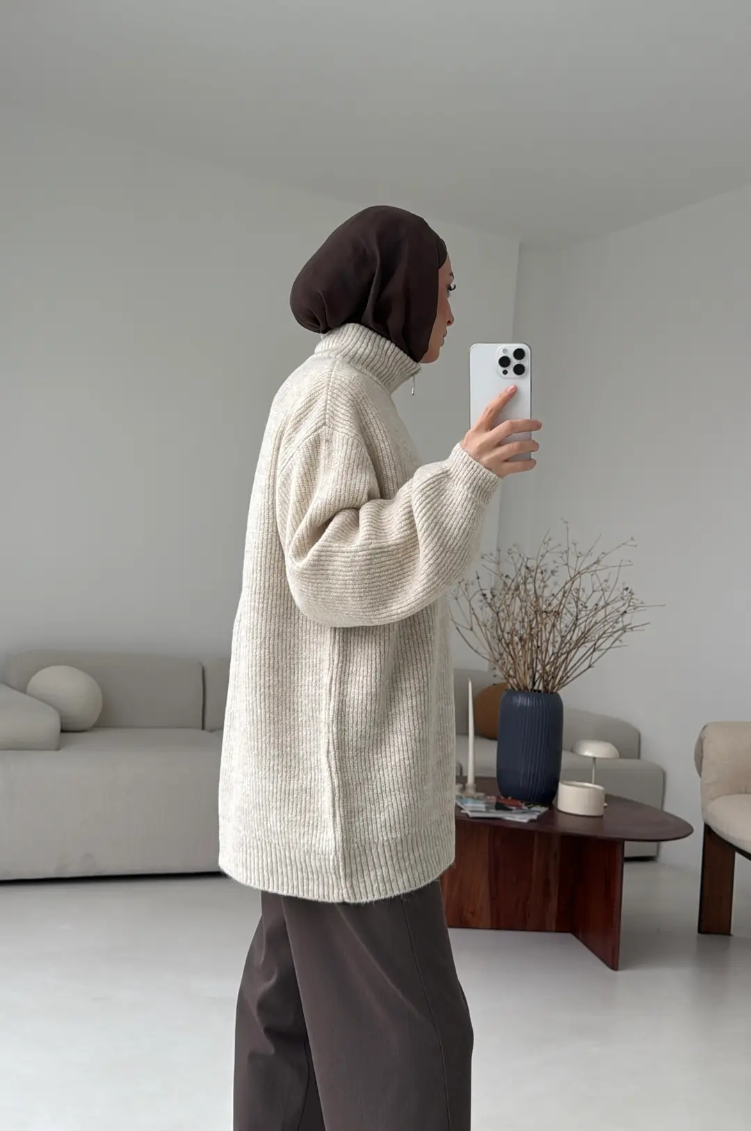 Yarım Zip Triko Kazak Bej - Görsel 2