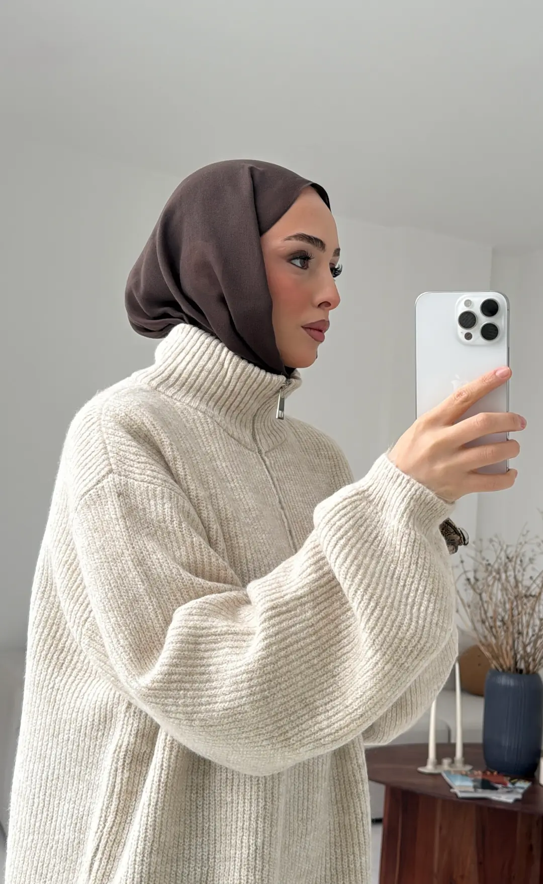 Yarım Zip Triko Kazak Bej - Görsel 3