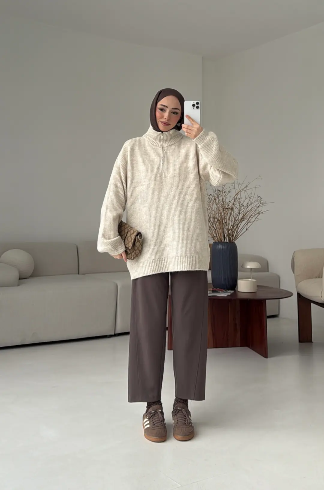 Yarım Zip Triko Kazak Bej - Görsel 4