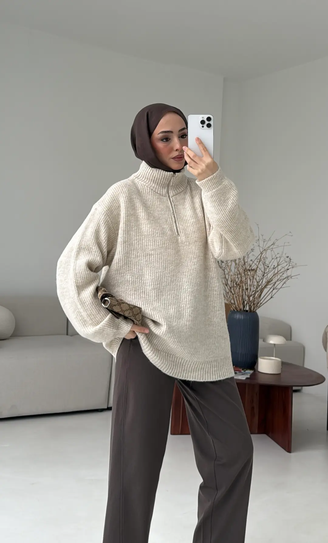 Yarım Zip Triko Kazak Bej - Görsel 6