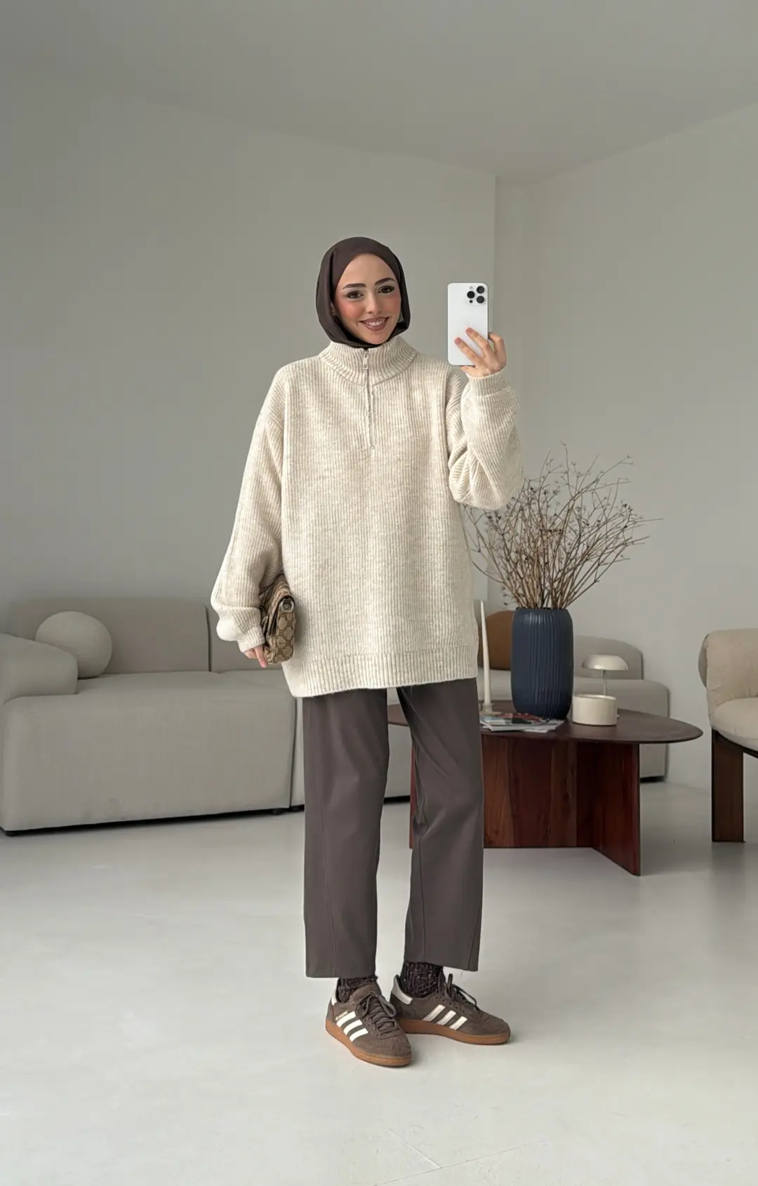 Yarım Zip Triko Kazak Bej - Görsel 7