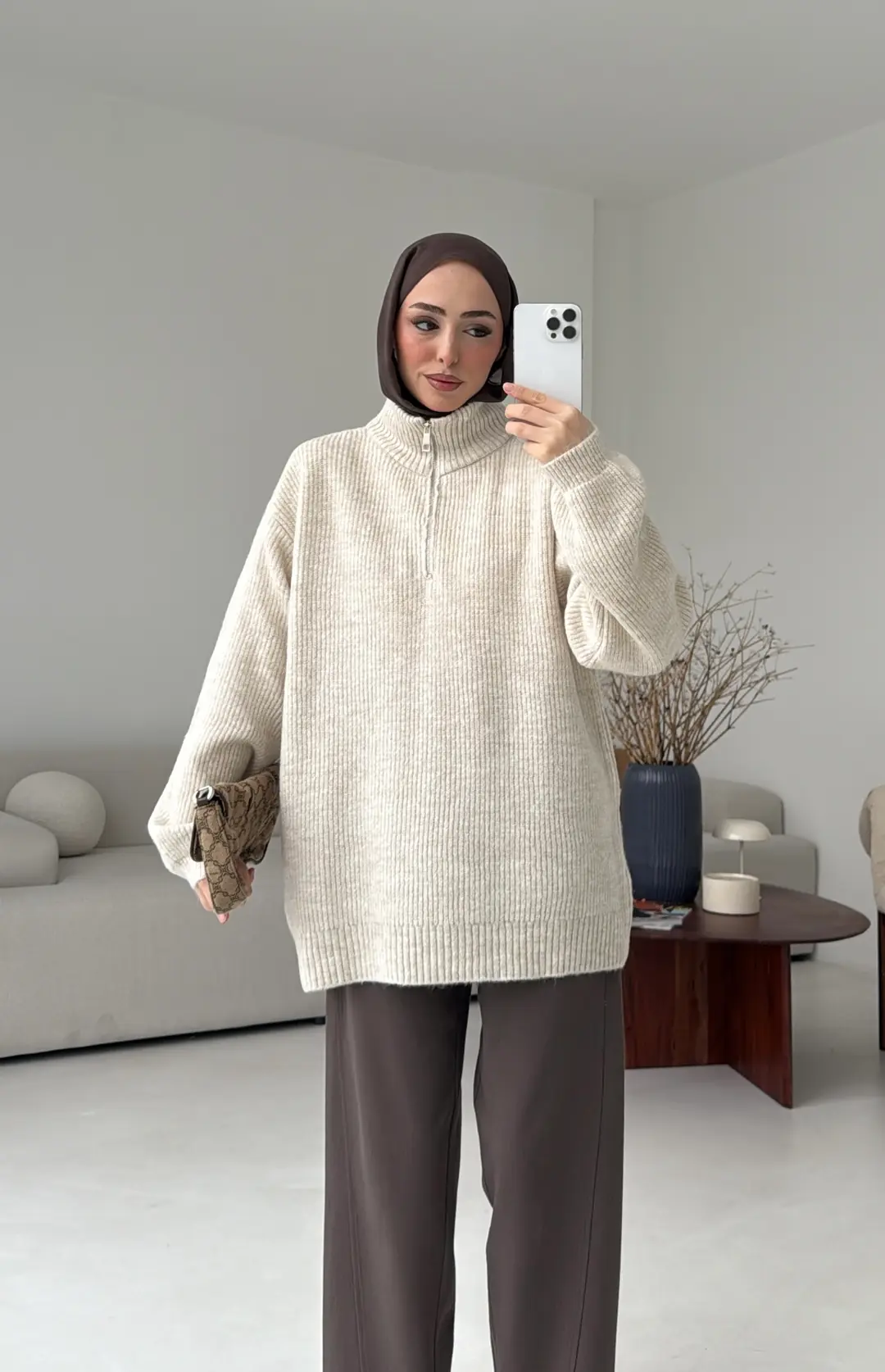 Yarım Zip Triko Kazak Bej - Görsel 8