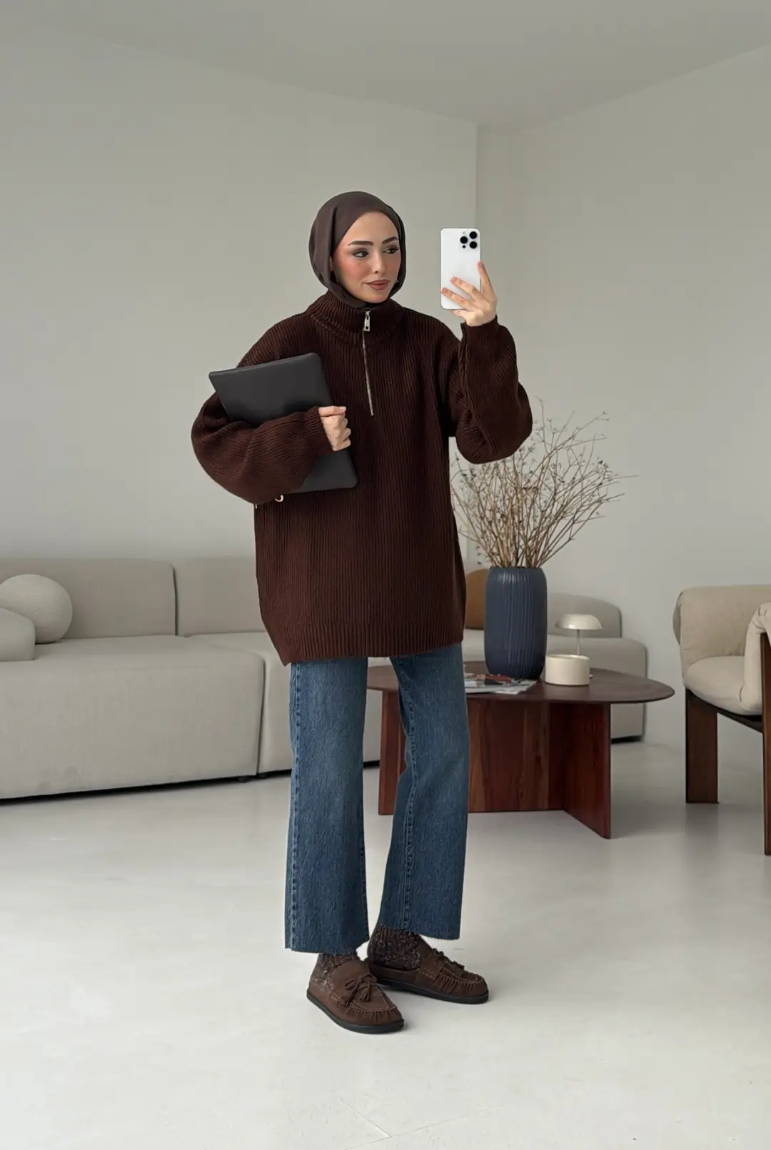 Yarım Zip Triko Kazak Kahve - Görsel 3