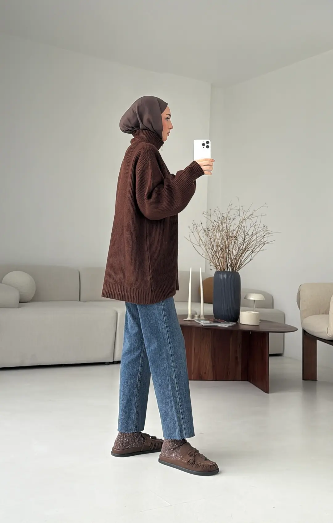 Yarım Zip Triko Kazak Kahve - Görsel 4